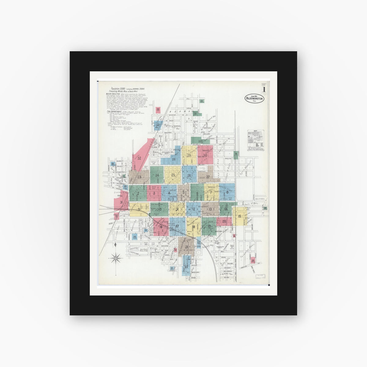 Old map wall art mockup — black gallery frame with white mat — Sanborn Fire Insurance Map from Bloomington, McLean County, Illinois (1901) - Complete Map Set