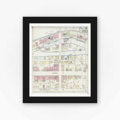 Old map wall art mockup — black gallery frame with white mat — Sanborn Fire Insurance Map from Neenah, Winnebago County, Wisconsin (1887), Sheet #0002