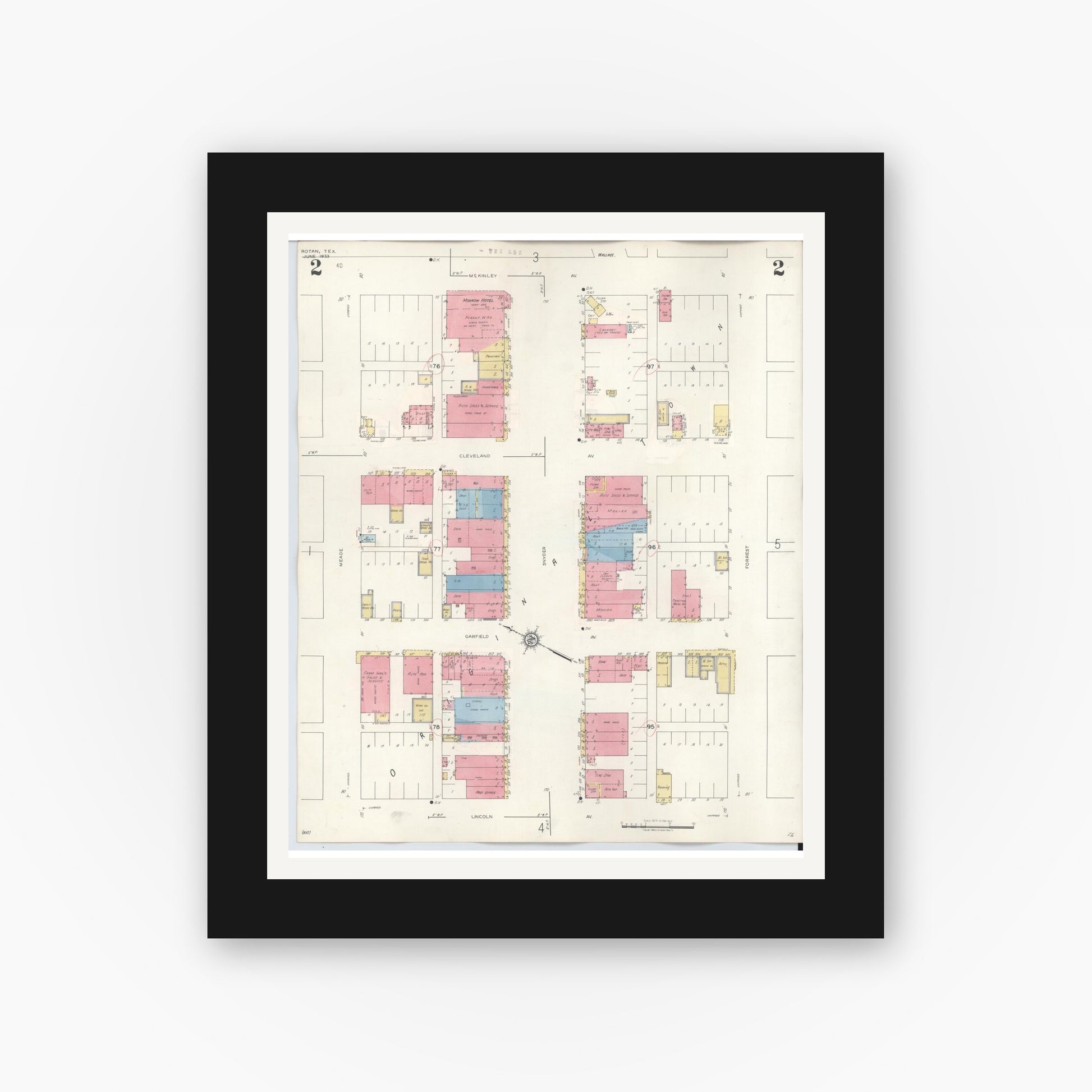 Old map wall art mockup — black gallery frame with white mat — Sanborn Fire Insurance Map from Rotan, Fisher County, Texas (1940), Sheet #0002