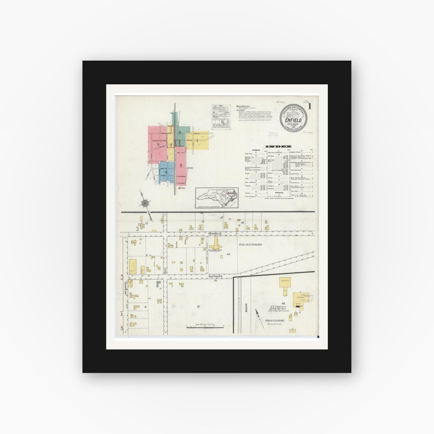 Old map wall art mockup — black gallery frame with white mat — Sanborn Fire Insurance Map from Enfield, Halifax County, North Carolina (1915) - Complete Map Set