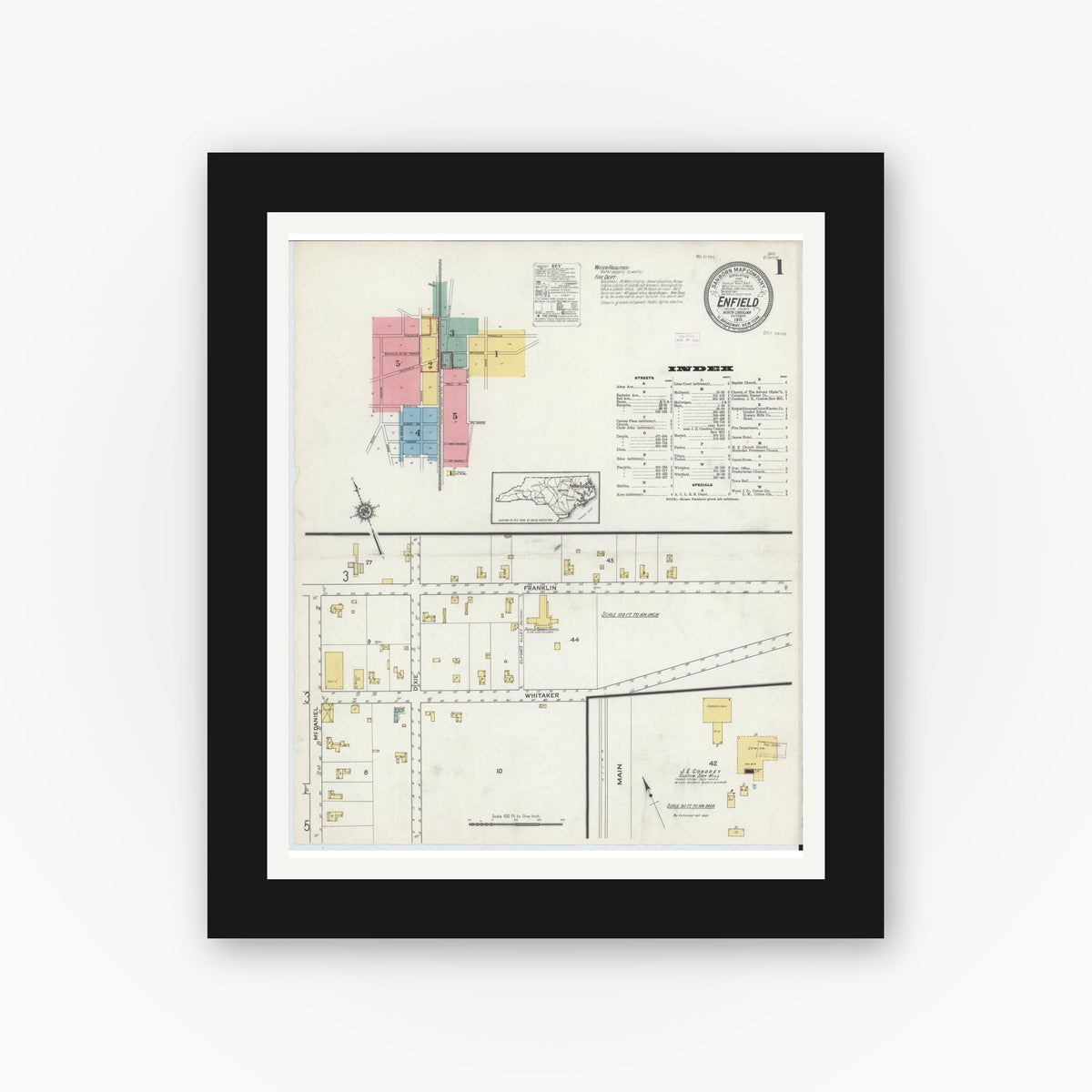 Old map wall art mockup — black gallery frame with white mat — Sanborn Fire Insurance Map from Enfield, Halifax County, North Carolina (1915) - Complete Map Set