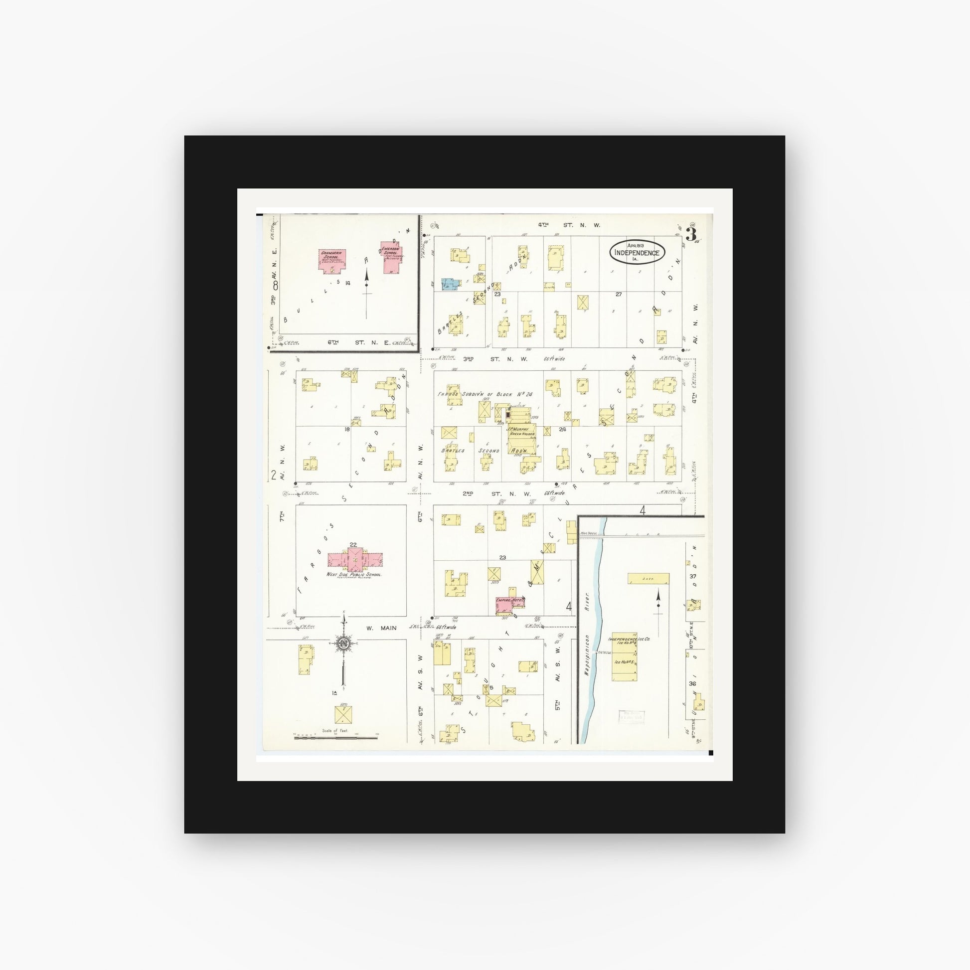 Old map wall art mockup — black gallery frame with white mat — Sanborn Fire Insurance Map from Independence, Buchanan County, Iowa (1913), Sheet #0003