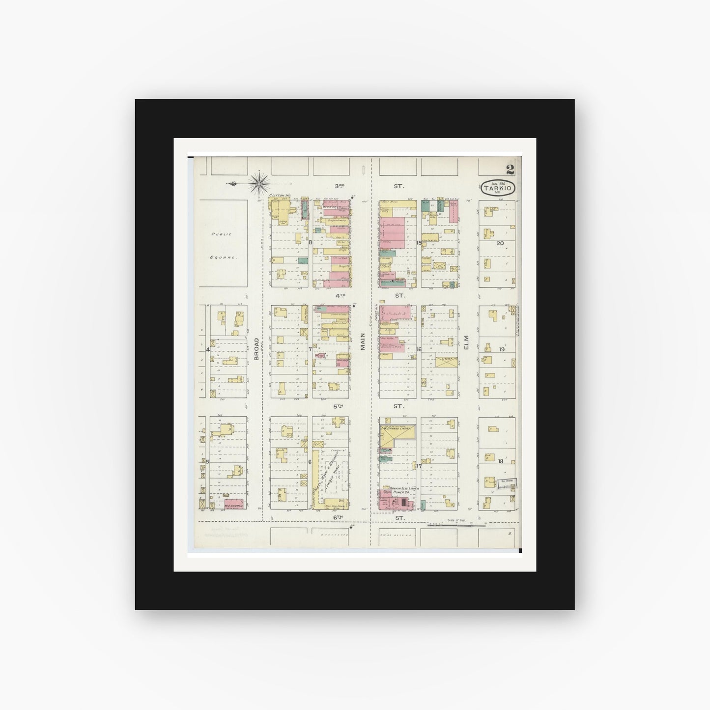 Old map wall art mockup — black gallery frame with white mat — Sanborn Fire Insurance Map from Tarkio, Atchison County, Missouri (1894), Sheet #0002