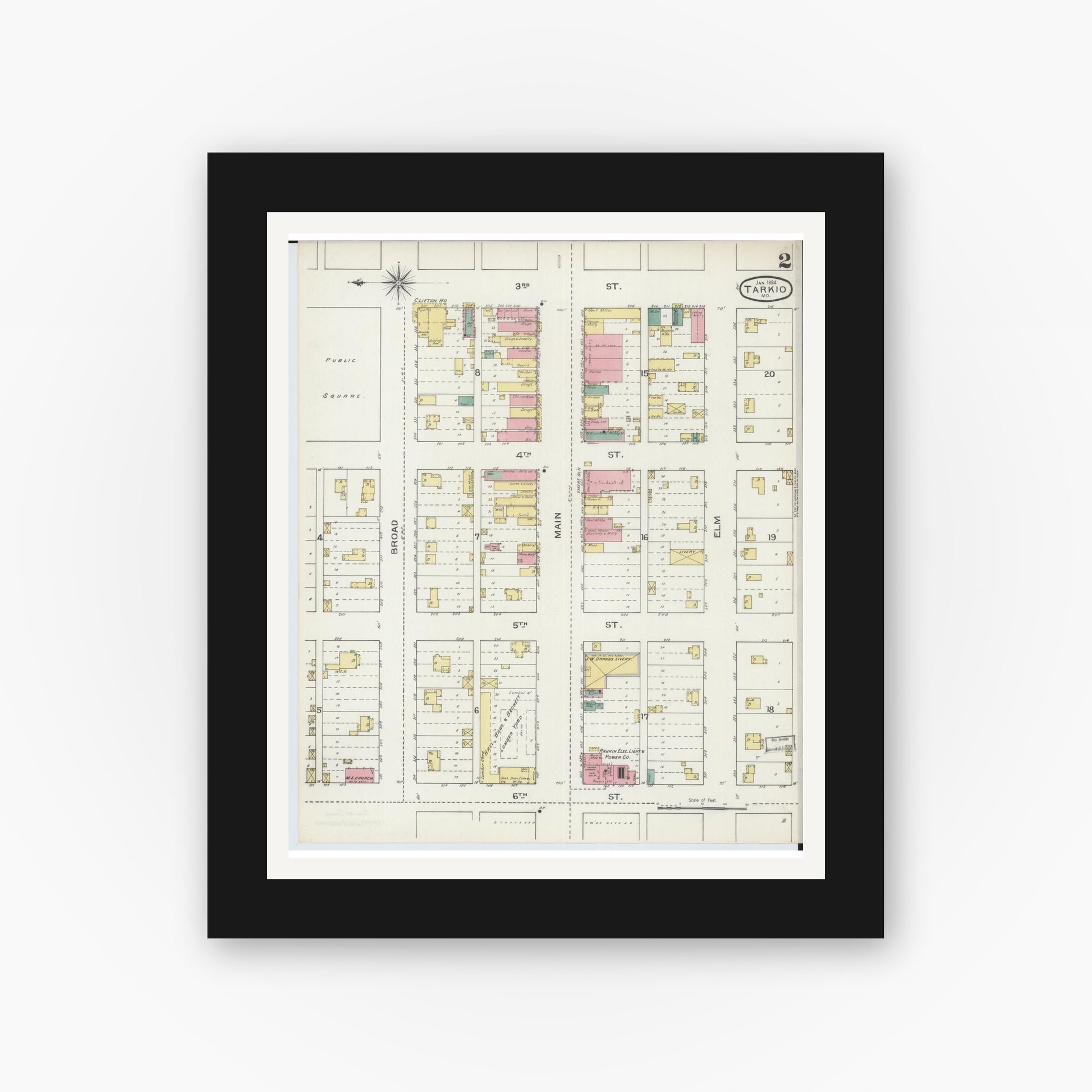 Old map wall art mockup — black gallery frame with white mat — Sanborn Fire Insurance Map from Tarkio, Atchison County, Missouri (1894), Sheet #0002