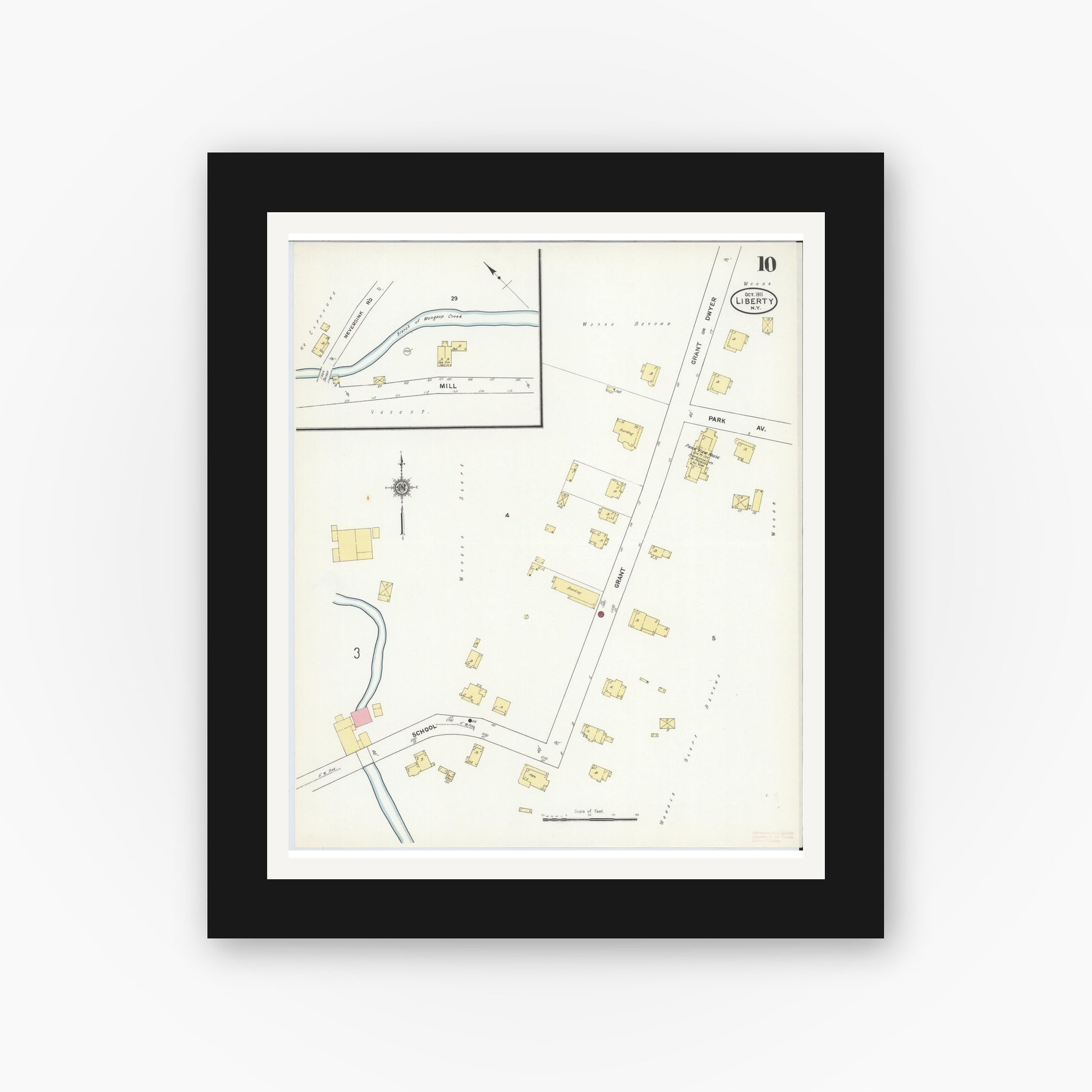 Old map wall art mockup — black gallery frame with white mat — Sanborn Fire Insurance Map from Liberty, Sullivan County, New York (1911), Sheet #0010