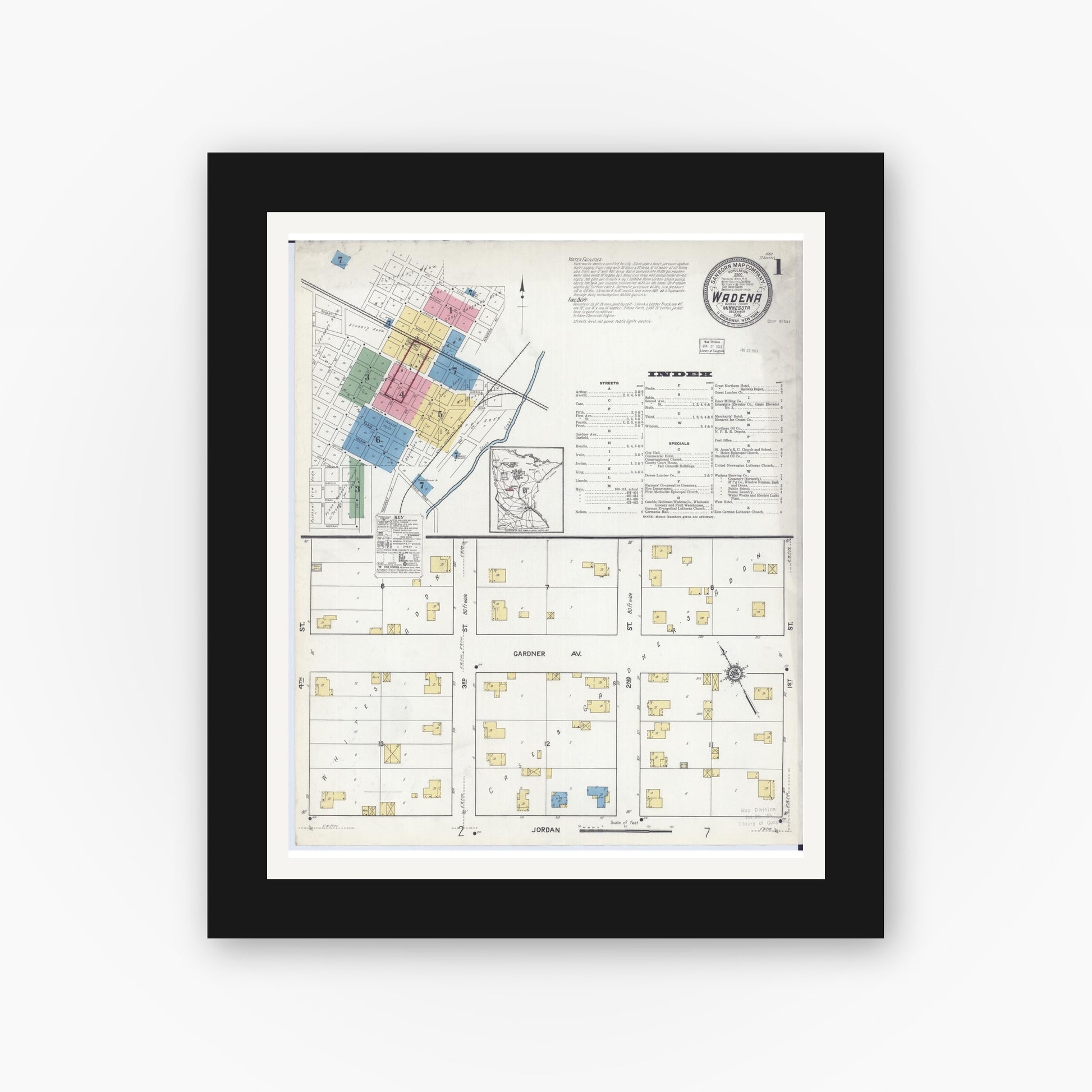 Old map wall art mockup — black gallery frame with white mat — Sanborn Fire Insurance Map from Wadena, Wadena County, Minnesota (1916) - Complete Map Set