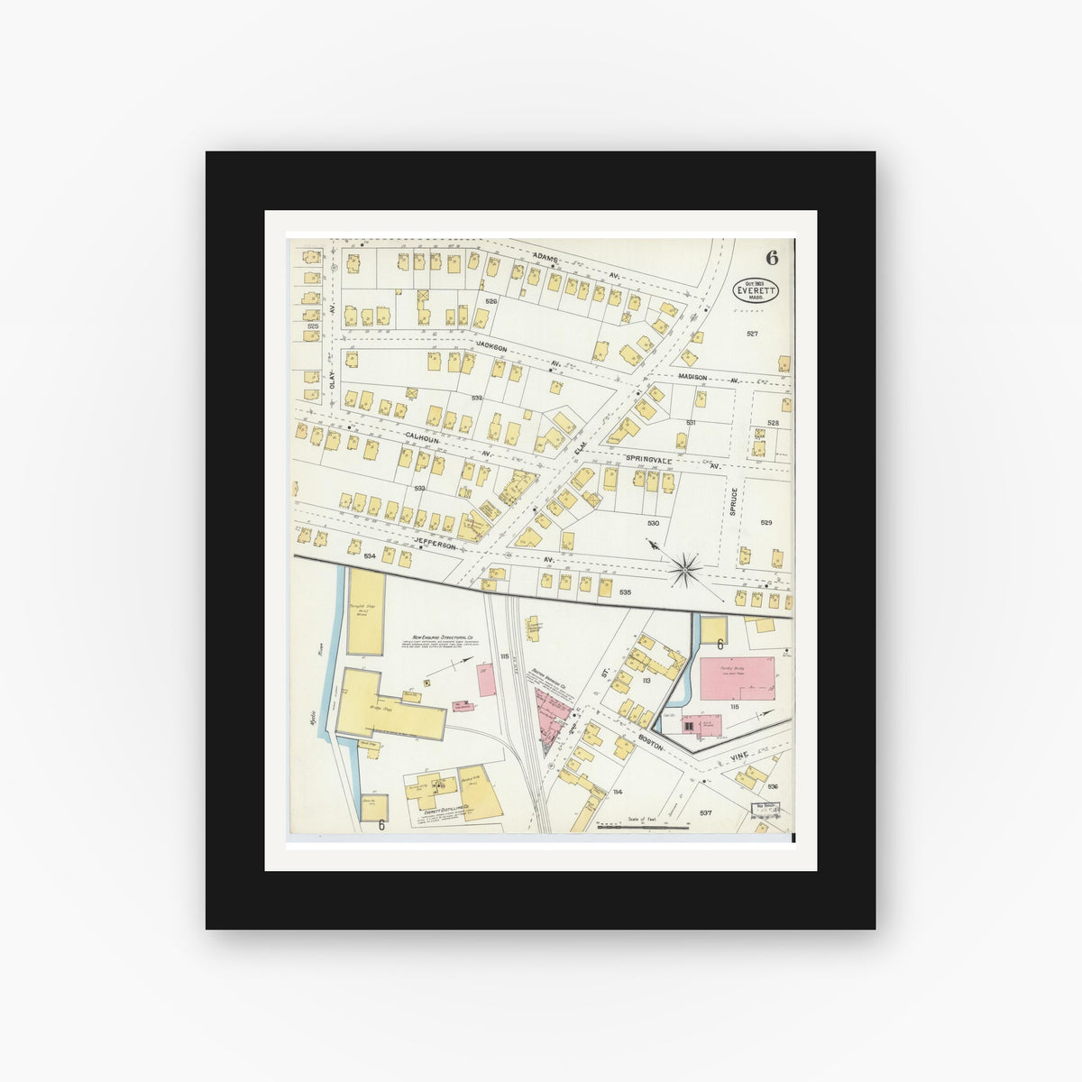 Old map wall art mockup — black gallery frame with white mat — Sanborn Fire Insurance Map from Everett, Middlesex County, Massachusetts (1903), Sheet #0006