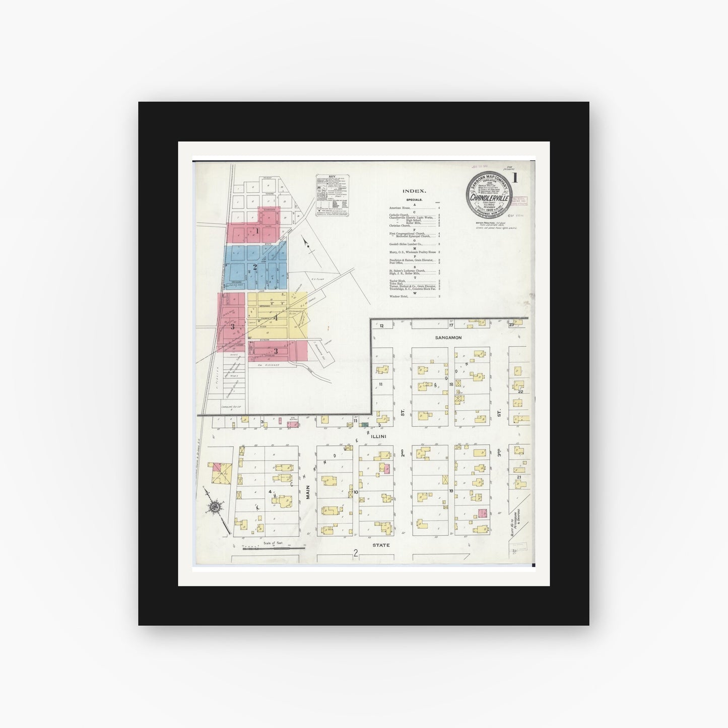 Old map wall art mockup — black gallery frame with white mat — Sanborn Fire Insurance Map from Chandlerville, Cass County, Illinois (1909), Sheet #0001