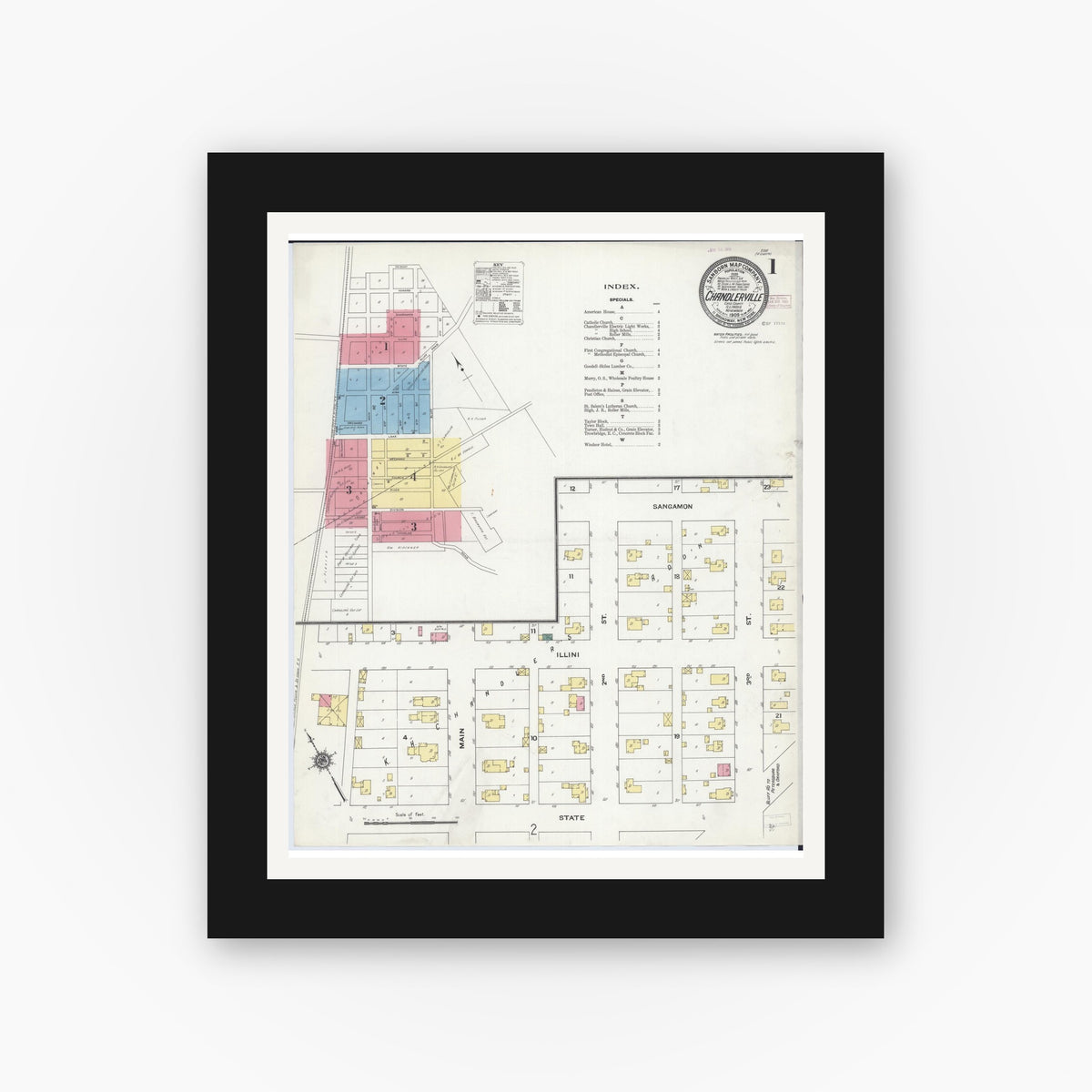 Old map wall art mockup — black gallery frame with white mat — Sanborn Fire Insurance Map from Chandlerville, Cass County, Illinois (1909), Sheet #0001