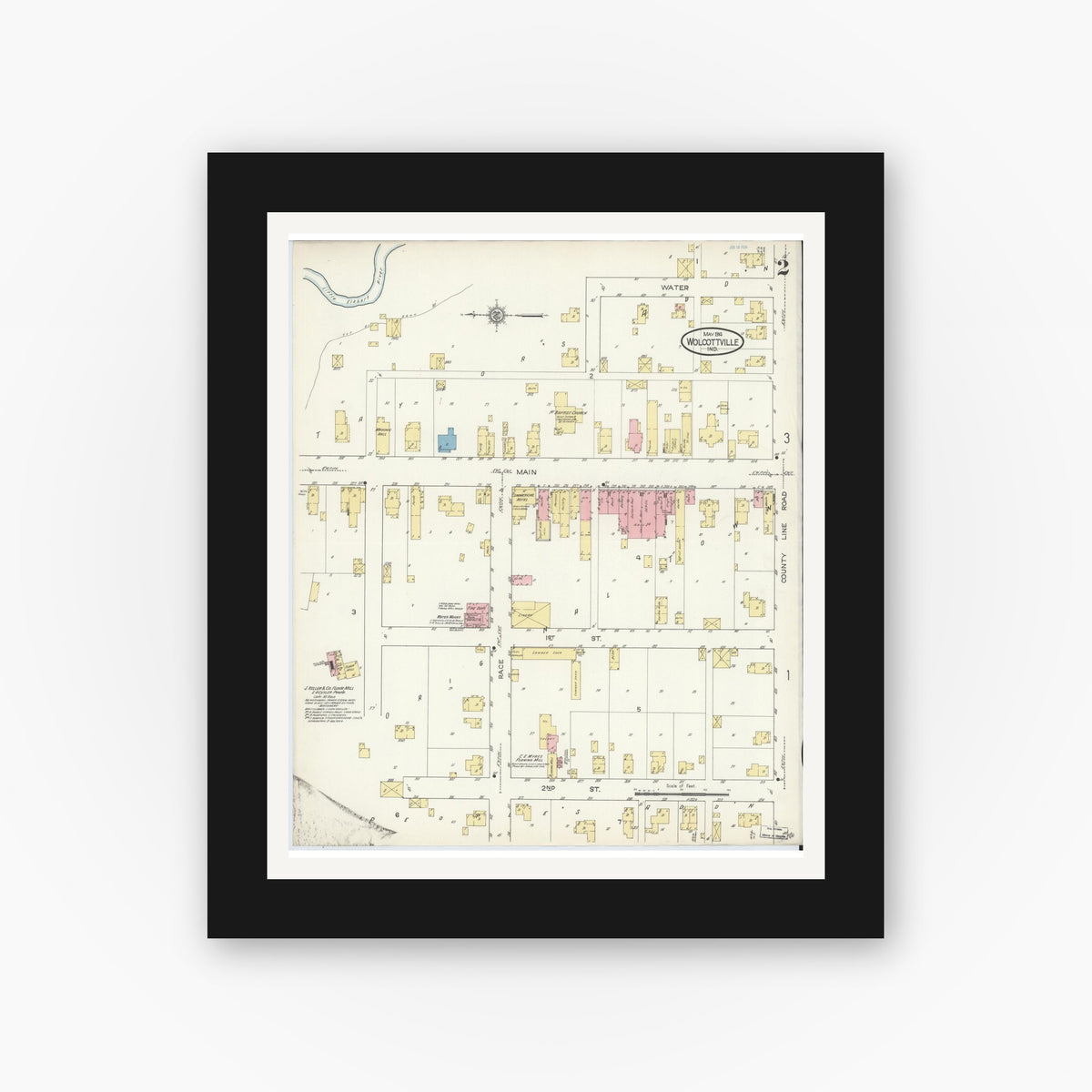 Old map wall art mockup — black gallery frame with white mat — Sanborn Fire Insurance Map from Wolcottville, Noble And LaGrange Counties, Indiana (1914), Sheet #0002