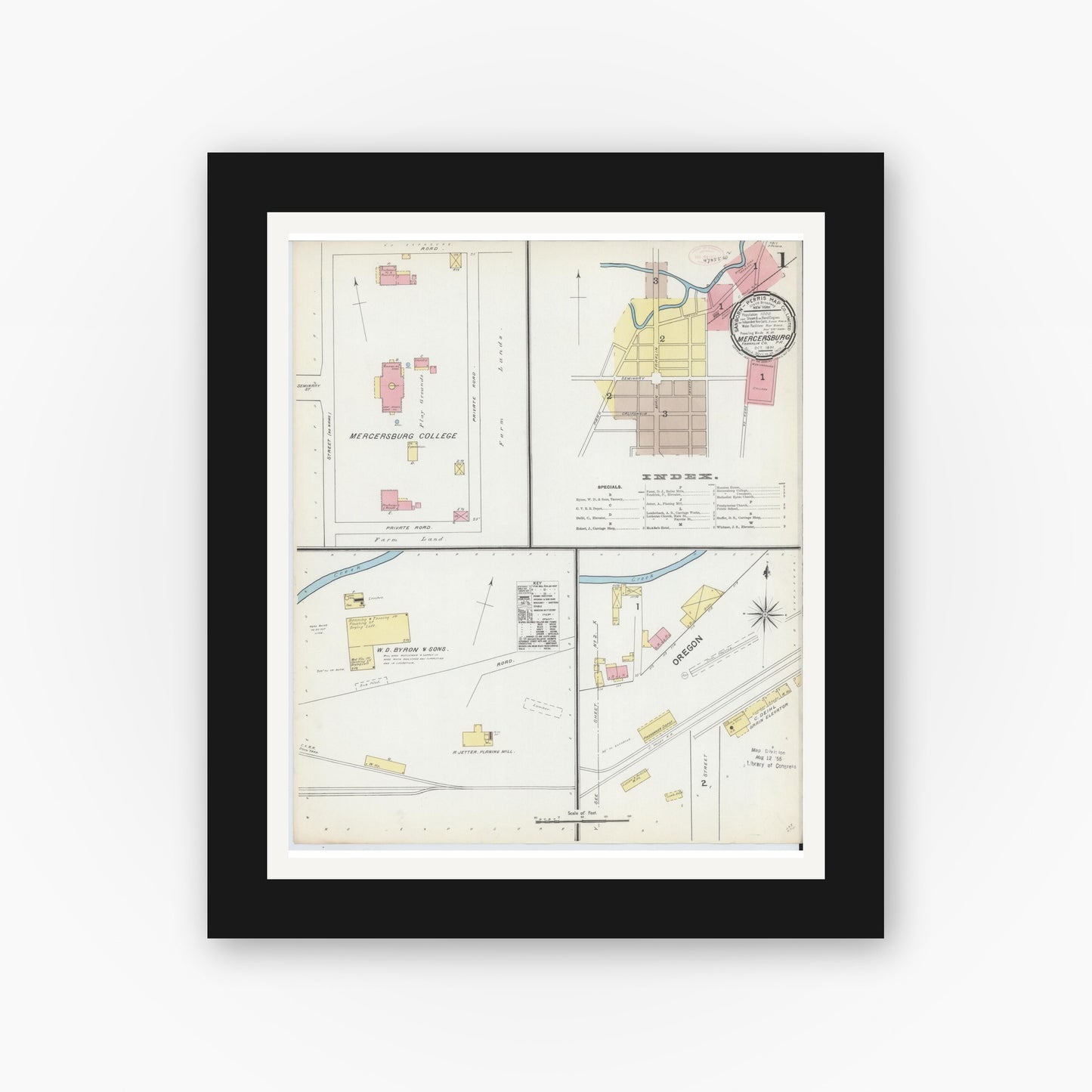 Old map wall art mockup — black gallery frame with white mat — Sanborn Fire Insurance Map from Mercersburg, Franklin County, Pennsylvania (1891), Sheet #0001