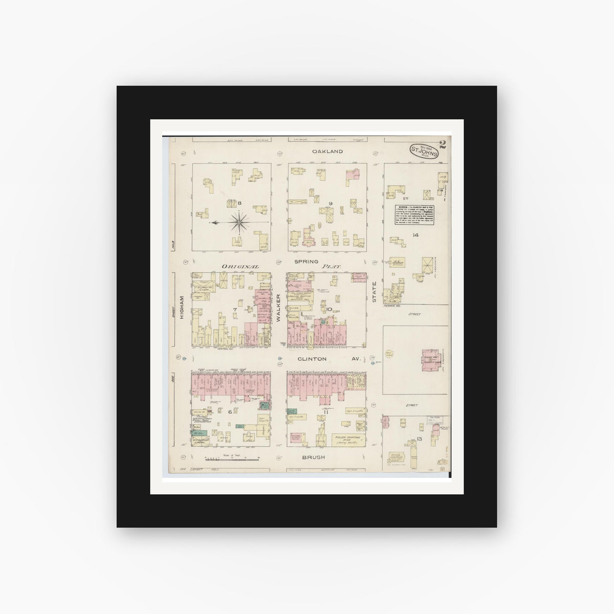 Old map wall art mockup — black gallery frame with white mat — Sanborn Fire Insurance Map from Saint Johns, Clinton County, Michigan (1884), Sheet #0002