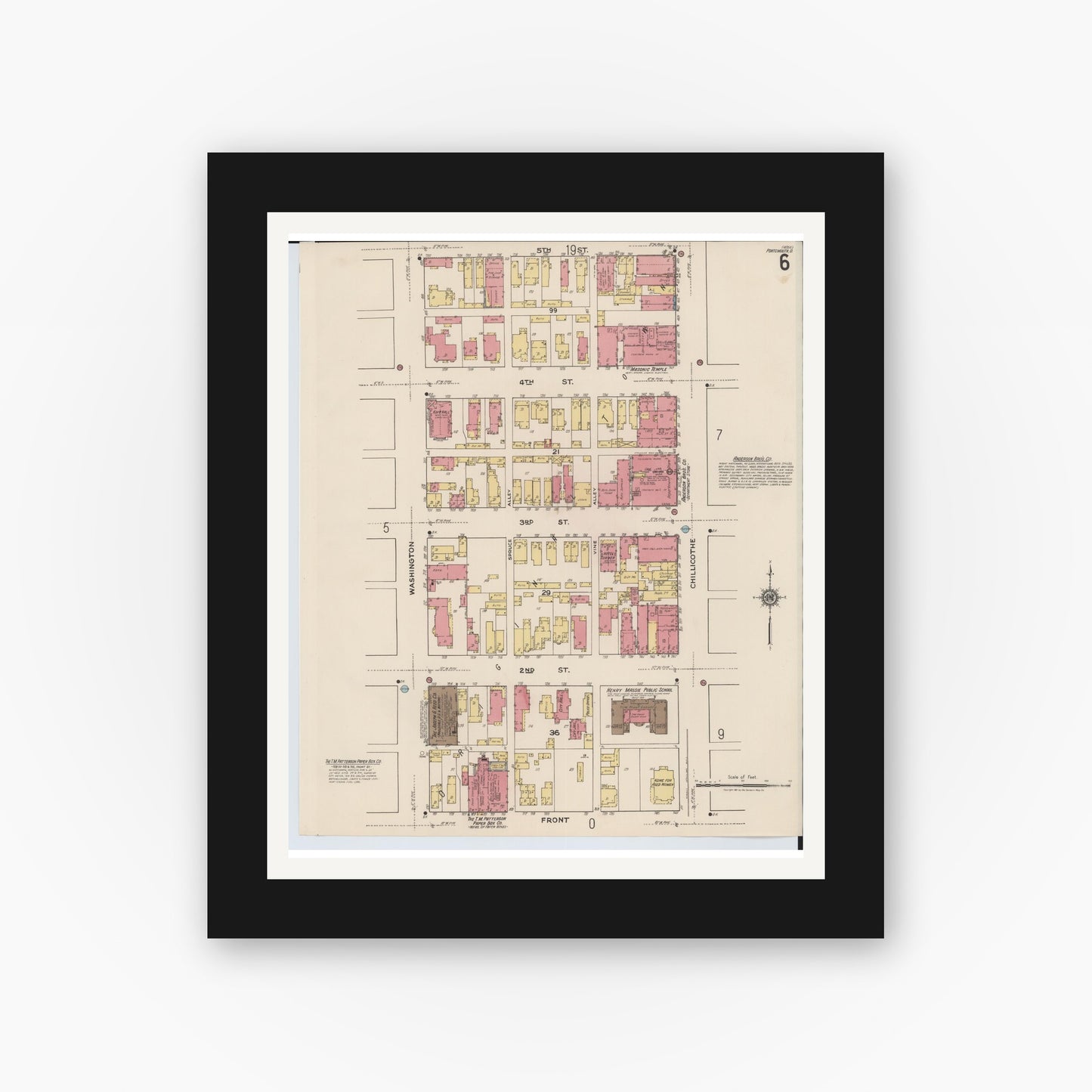 Old map wall art mockup — black gallery frame with white mat — Sanborn Fire Insurance Map from Portsmouth, Scioto County, Ohio (1921), Sheet #0006