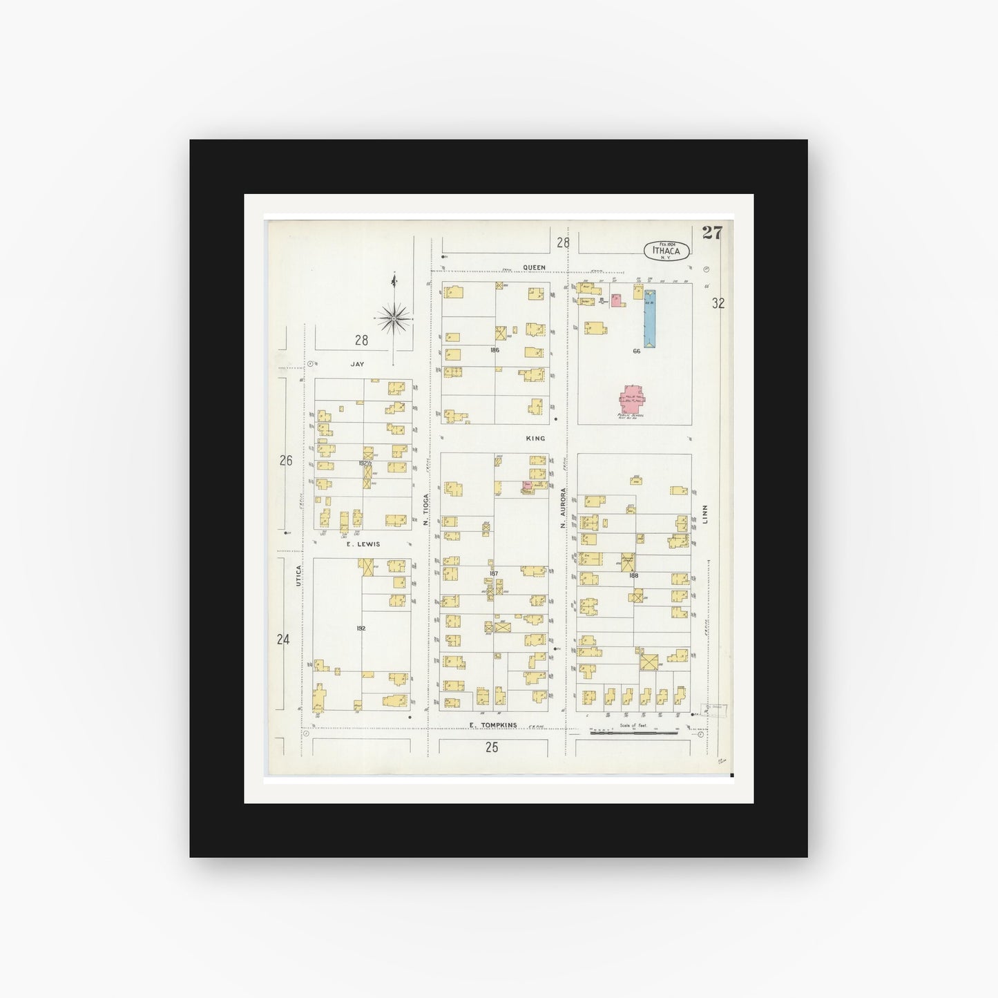 Old map wall art mockup — black gallery frame with white mat — Sanborn Fire Insurance Map from Ithaca, Tompkins County, New York (1904), Sheet #0027