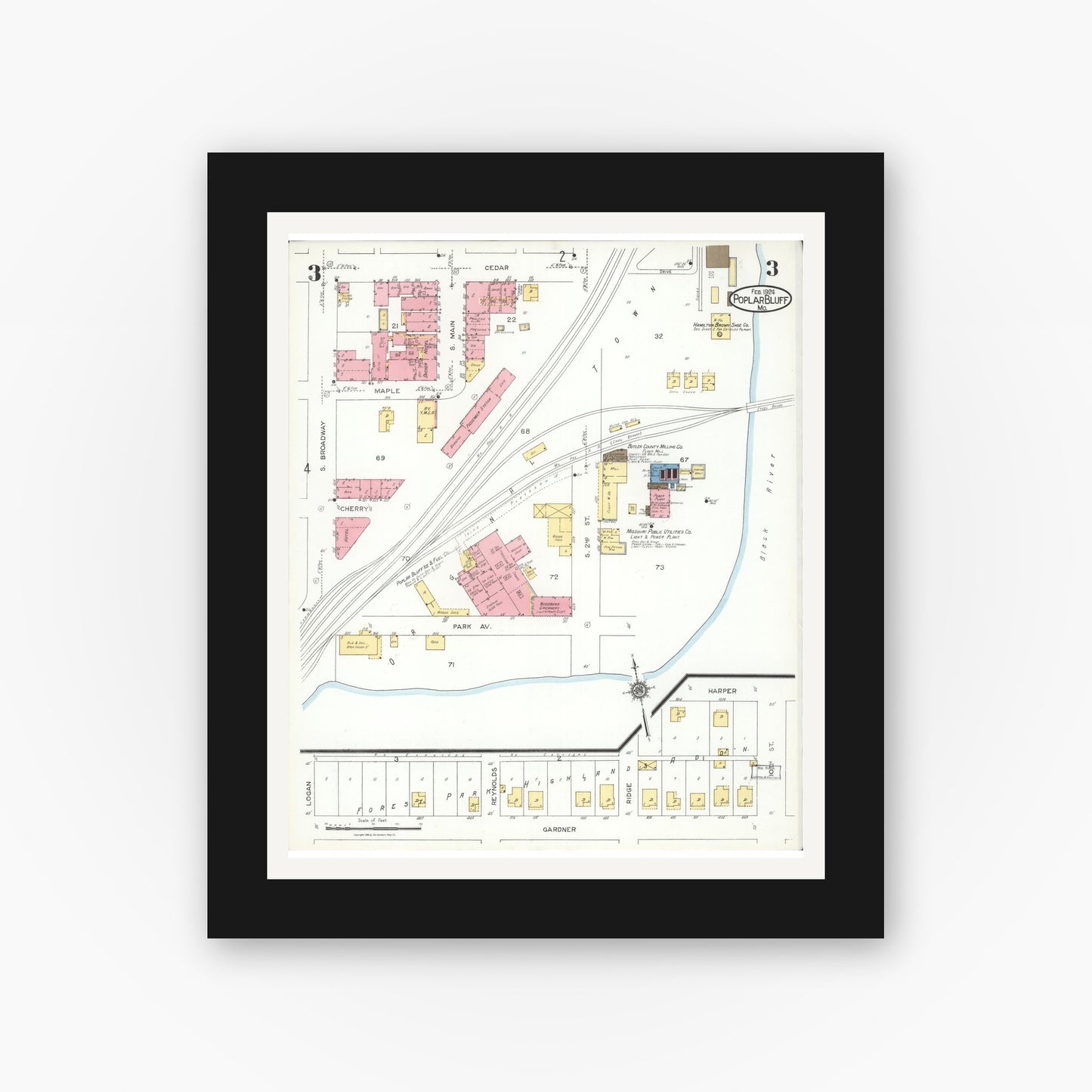 Old map wall art mockup — black gallery frame with white mat — Sanborn Fire Insurance Map from Poplar Bluff, Butler County, Missouri (1924), Sheet #0003