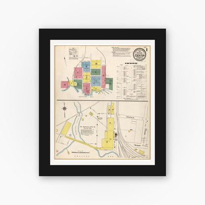 Old map wall art mockup — black gallery frame with white mat — Sanborn Fire Insurance Map from Edenton, Chowan County, North Carolina (1910), Sheet #0001