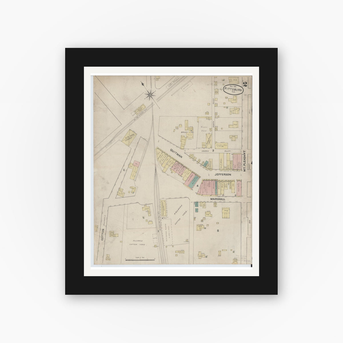 Old map wall art mockup — black gallery frame with white mat — Sanborn Fire Insurance Map from Pittsburg, Camp County, Texas (1891), Sheet #0002
