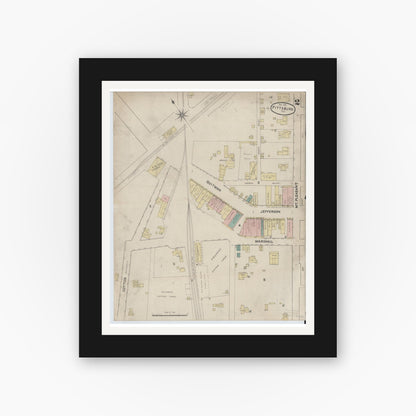 Old map wall art mockup — black gallery frame with white mat — Sanborn Fire Insurance Map from Pittsburg, Camp County, Texas (1891), Sheet #0002