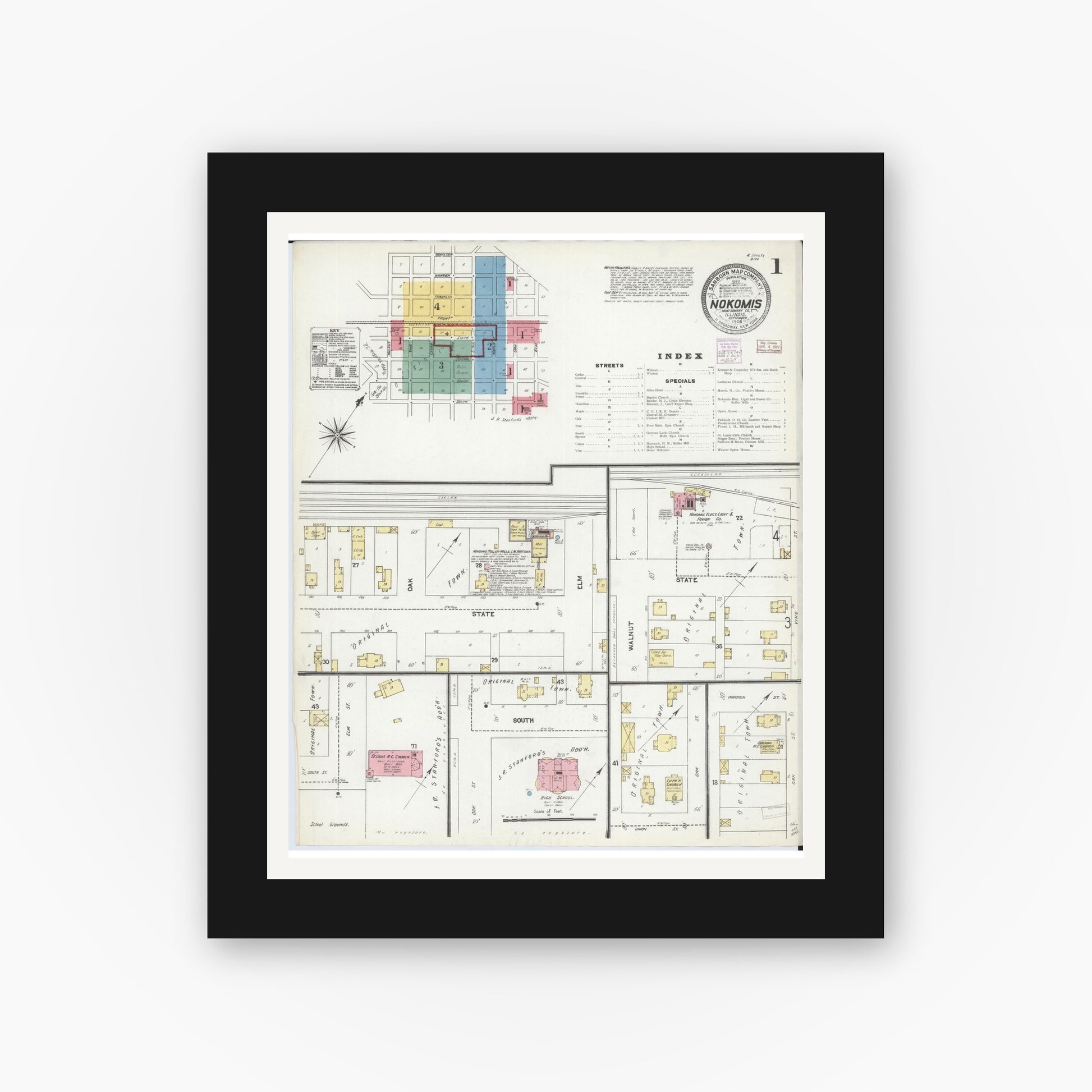Old map wall art mockup — black gallery frame with white mat — Sanborn Fire Insurance Map from Nokomis, Montgomery County, Illinois (1906), Sheet #0001
