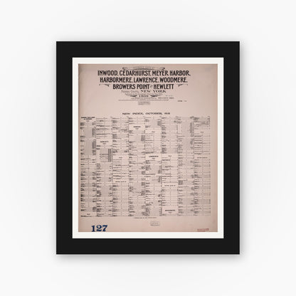 Old map wall art mockup — black gallery frame with white mat — Sanborn Fire Insurance Map from Inwood, Nassau County, New York (1940), Sheet #0001