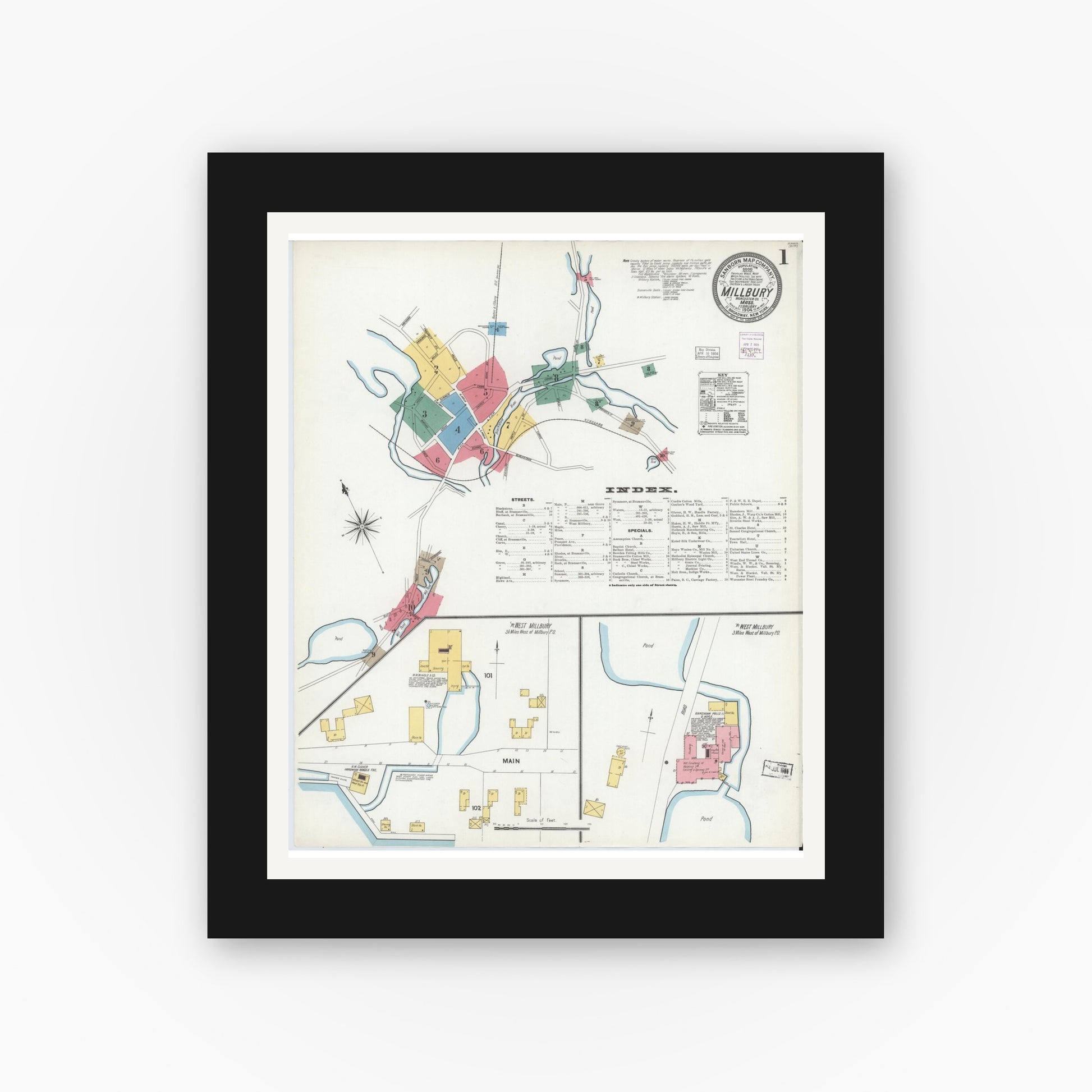 Old map wall art mockup — black gallery frame with white mat — Sanborn Fire Insurance Map from Millbury, Worcester County, Massachusetts (1904) - Complete Map Set