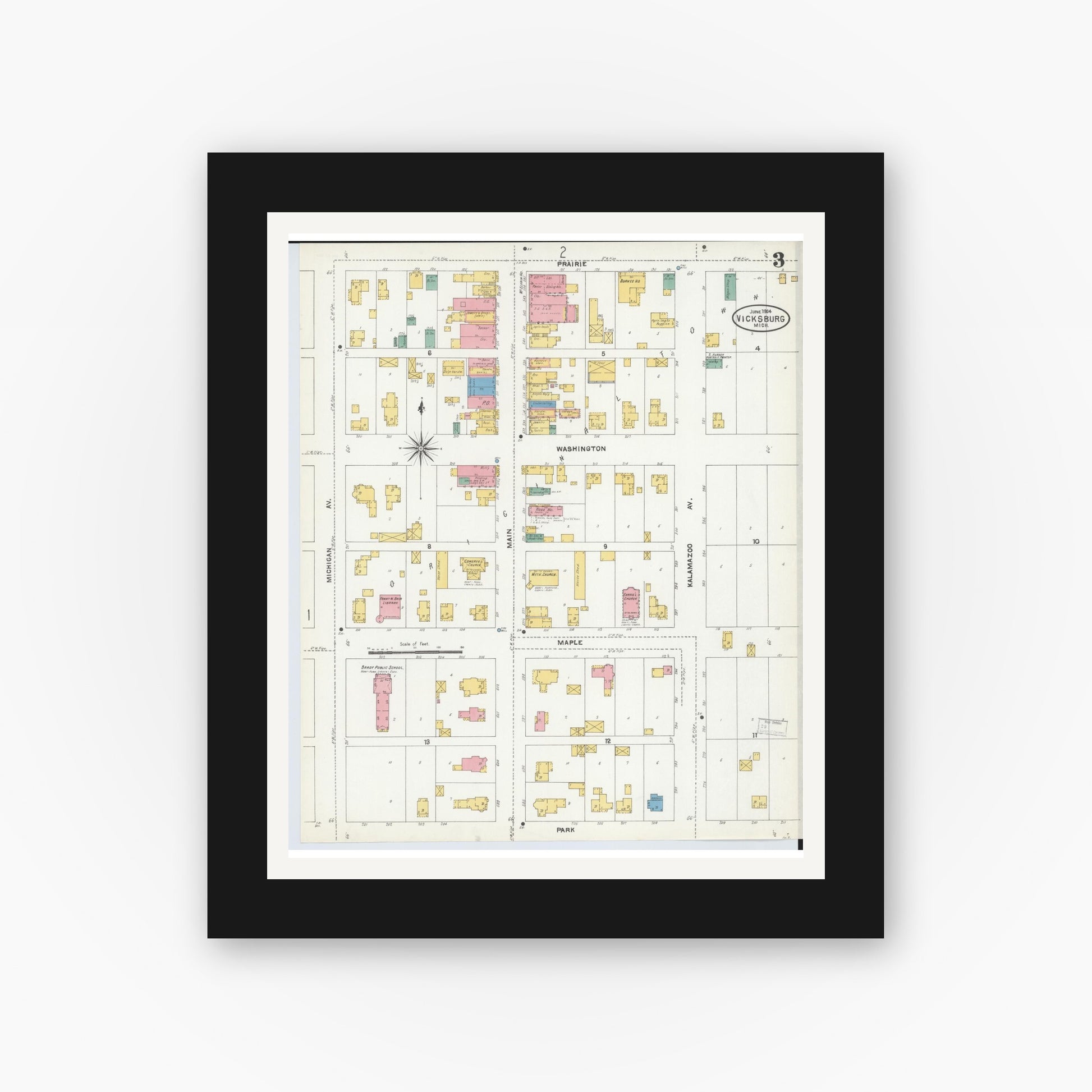 Old map wall art mockup — black gallery frame with white mat — Sanborn Fire Insurance Map from Vicksburg, Kalamazoo County, Michigan (1904), Sheet #0003