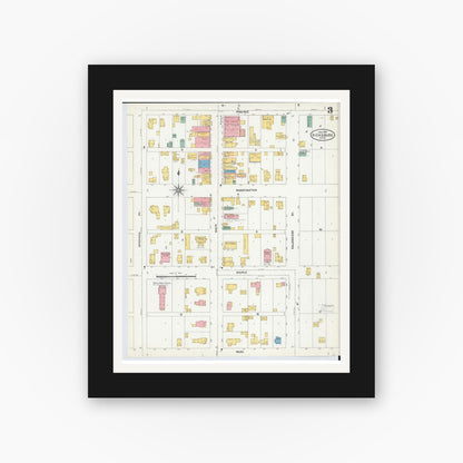 Old map wall art mockup — black gallery frame with white mat — Sanborn Fire Insurance Map from Vicksburg, Kalamazoo County, Michigan (1904), Sheet #0003