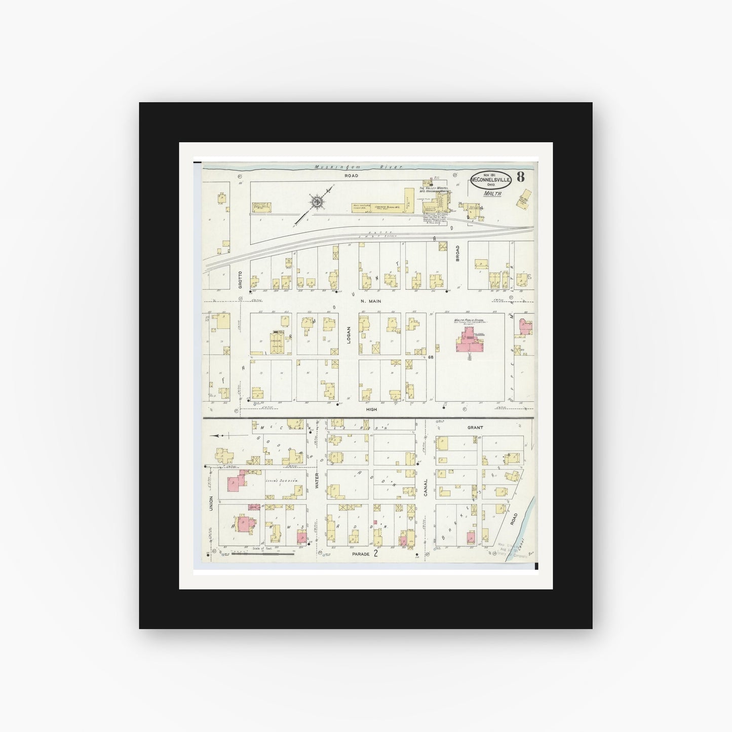 Old map wall art mockup — black gallery frame with white mat — Sanborn Fire Insurance Map from McConnelsville, Morgan County, Ohio (1911), Sheet #0008