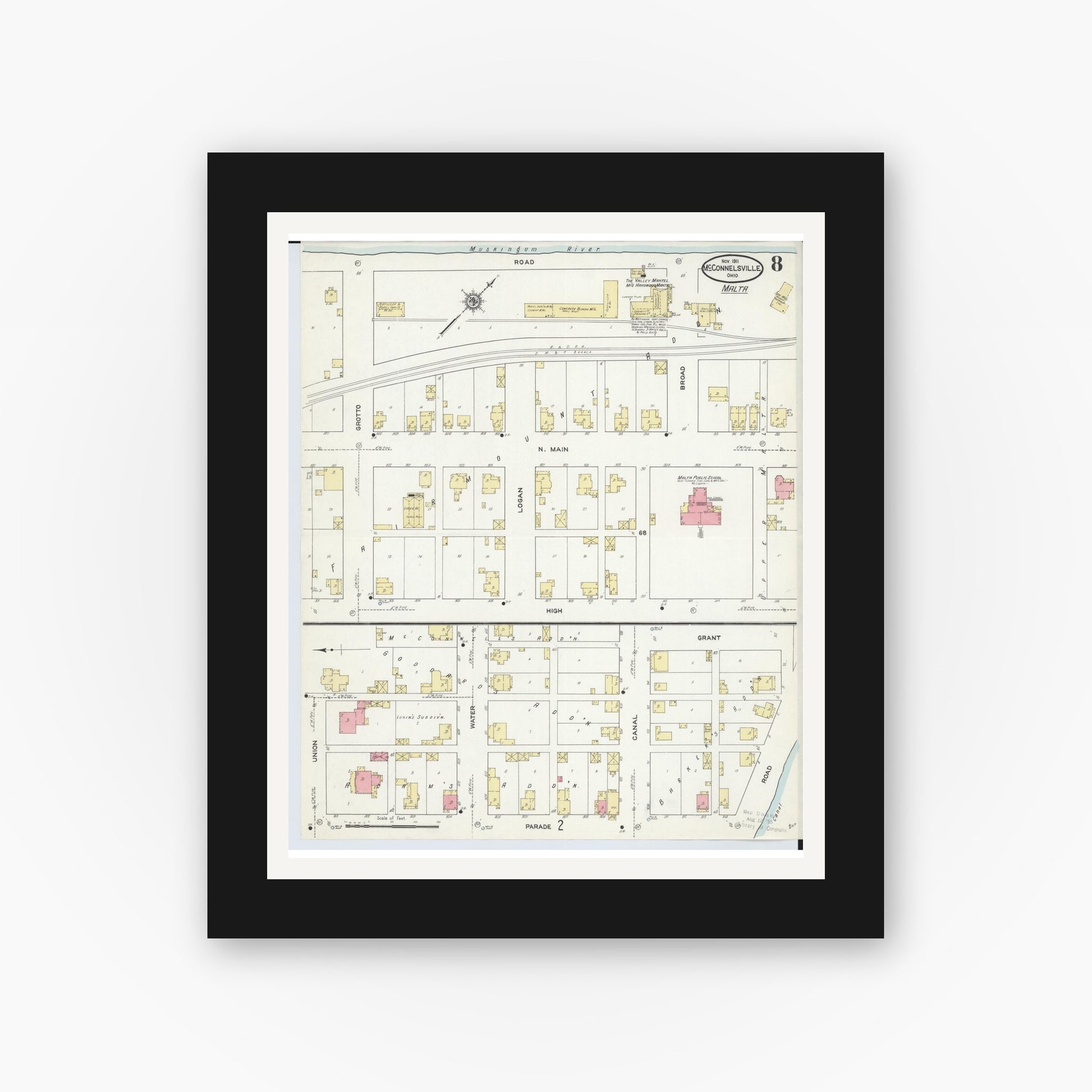 Old map wall art mockup — black gallery frame with white mat — Sanborn Fire Insurance Map from McConnelsville, Morgan County, Ohio (1911), Sheet #0008