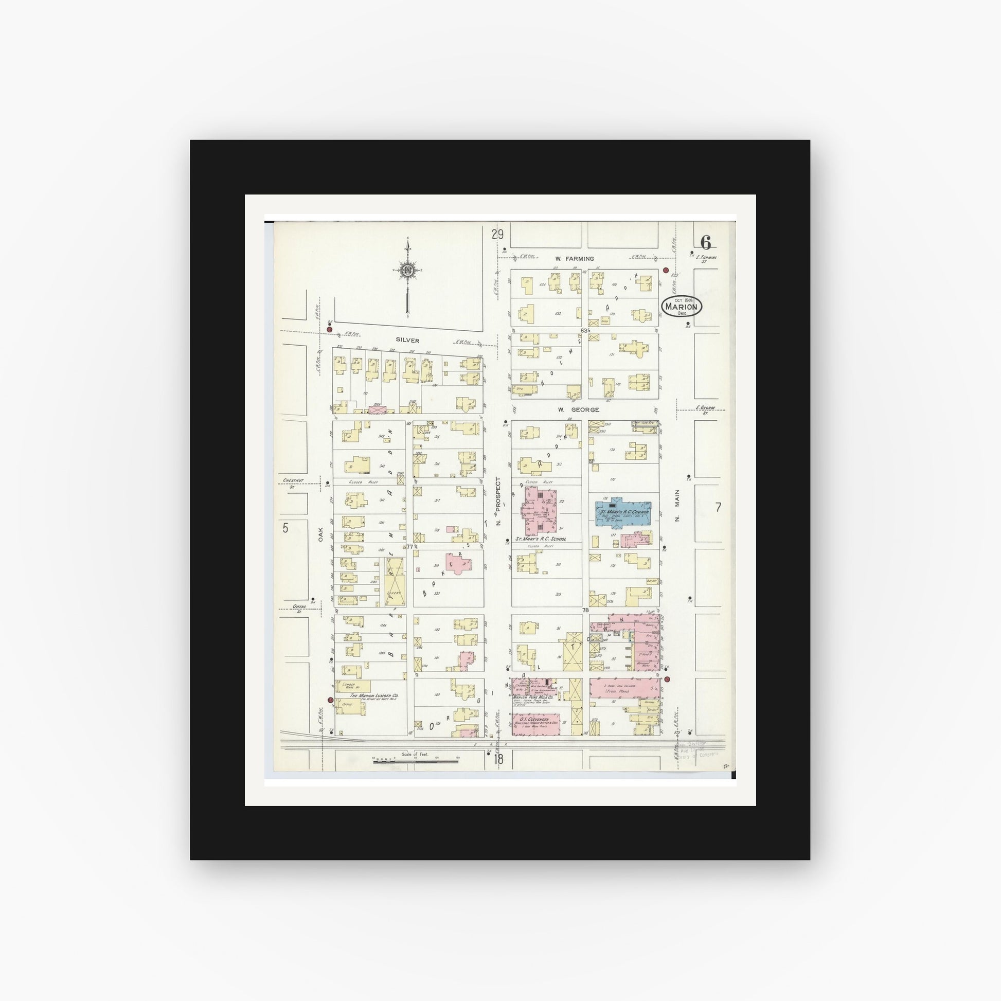Old map wall art mockup — black gallery frame with white mat — Sanborn Fire Insurance Map from Marion, Marion County, Ohio (1914), Sheet #0006