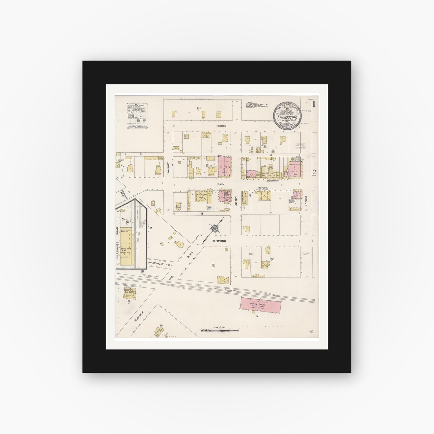 Old map wall art mockup — black gallery frame with white mat — Sanborn Fire Insurance Map from Lockeford, San Joaquin County, California (1912) - Complete Map Set