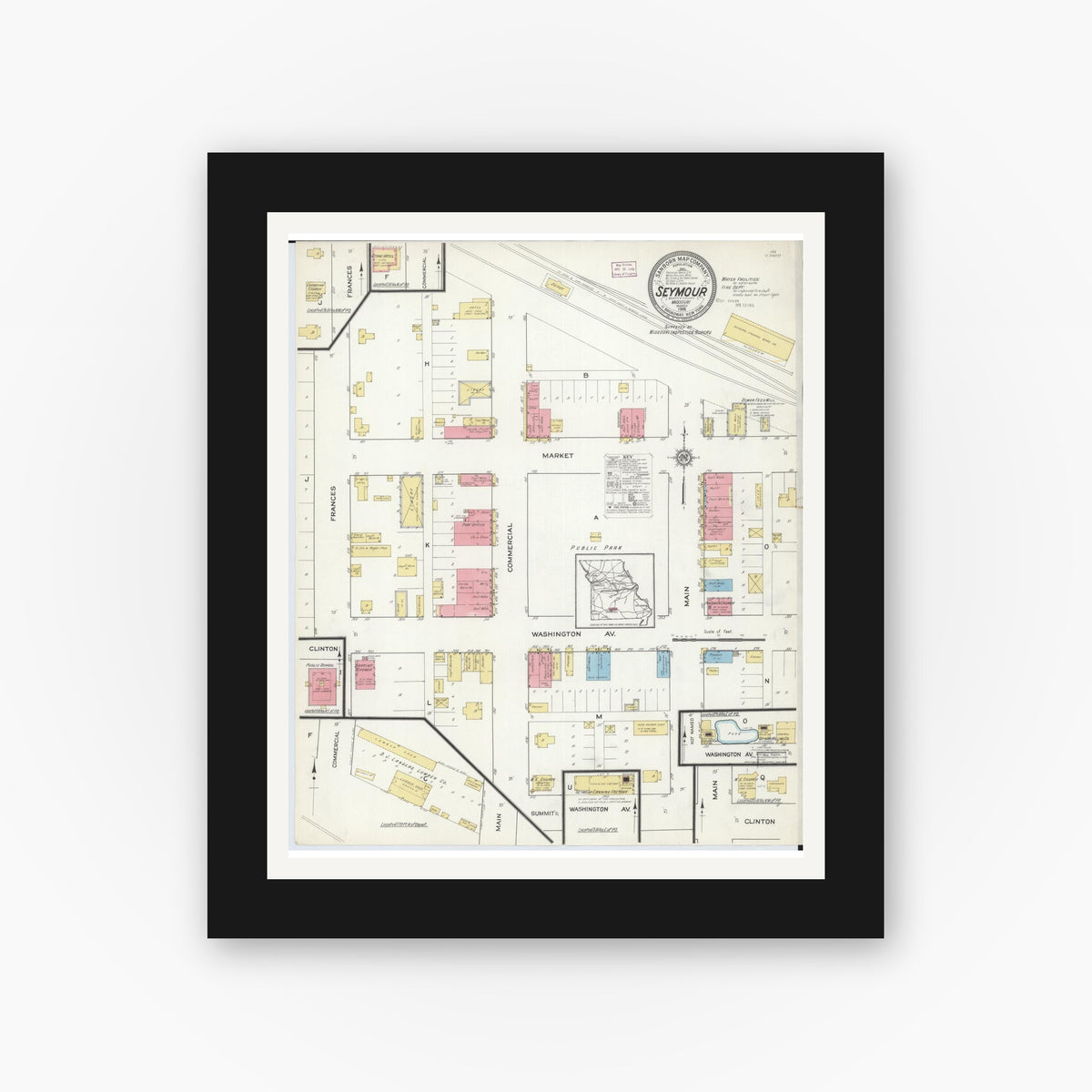 Old map wall art mockup — black gallery frame with white mat — Sanborn Fire Insurance Map from Seymour, Webster County, Missouri (1916), Sheet #0001
