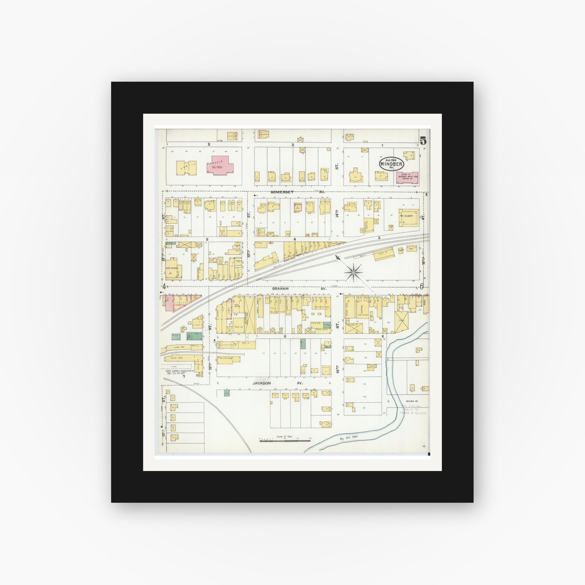 Old map wall art mockup — black gallery frame with white mat — Sanborn Fire Insurance Map from Windber, Somerset County, Pennsylvania (1904), Sheet #0005