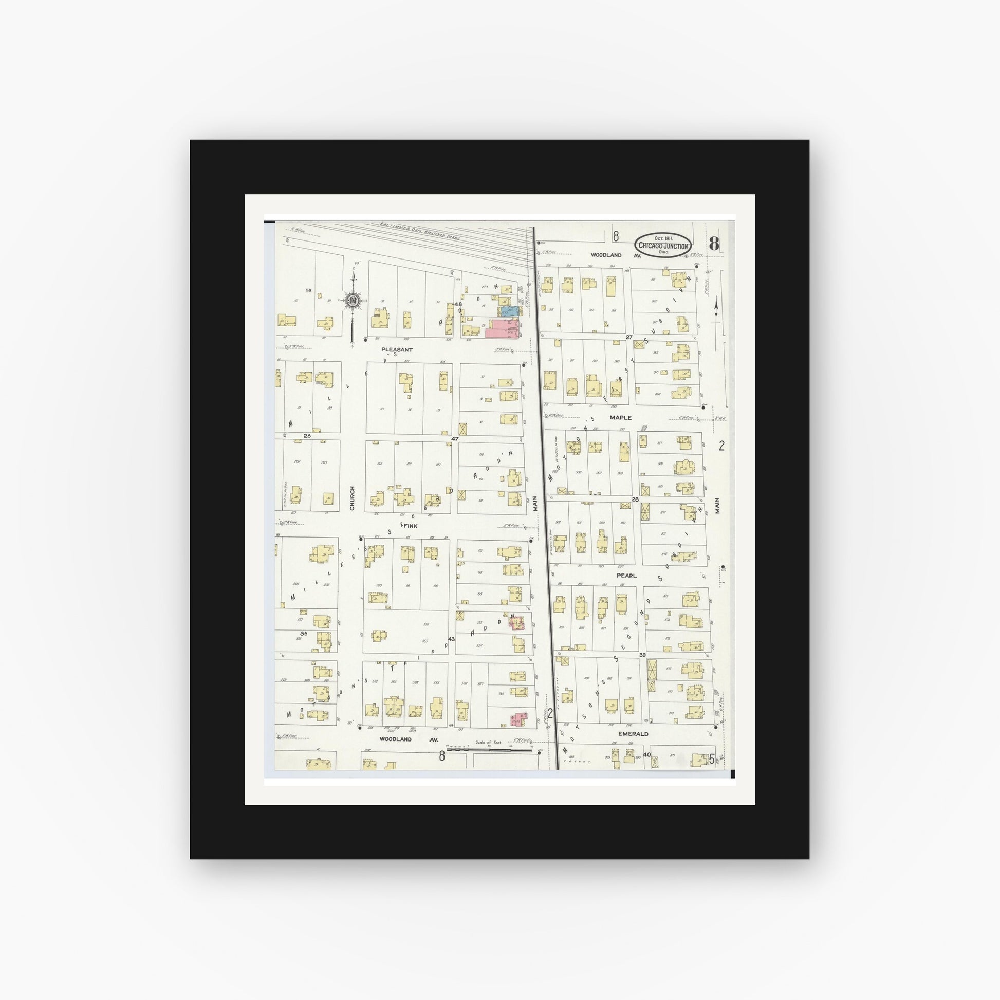 Old map wall art mockup — black gallery frame with white mat — Sanborn Fire Insurance Map from Chicago Junction, Huron County, Ohio (1911), Sheet #0008