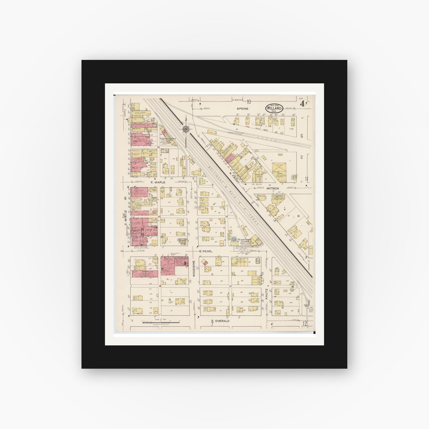 Old map wall art mockup — black gallery frame with white mat — Sanborn Fire Insurance Map from Willard, Huron County, Ohio (1922), Sheet #0004