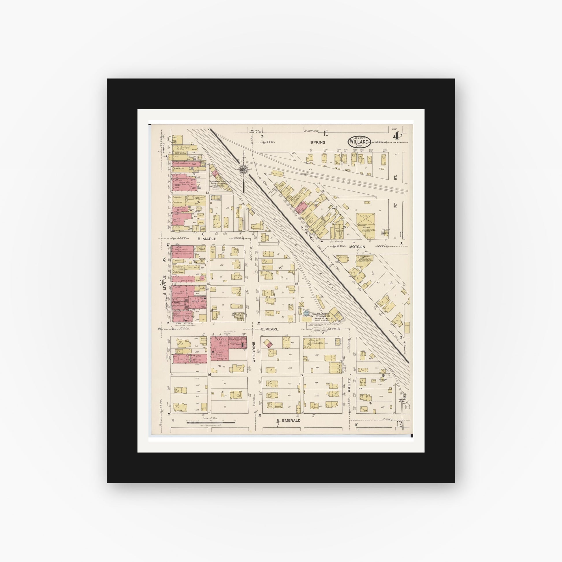 Old map wall art mockup — black gallery frame with white mat — Sanborn Fire Insurance Map from Willard, Huron County, Ohio (1922), Sheet #0004