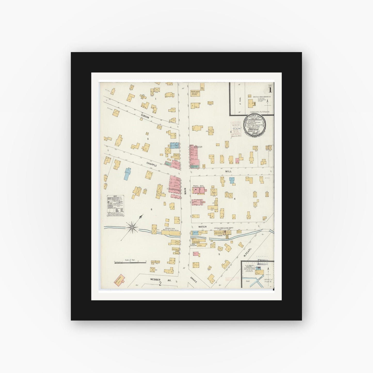 Old map wall art mockup — black gallery frame with white mat — Sanborn Fire Insurance Map from Oakfield, Genesee County, New York (1900), Sheet #0001