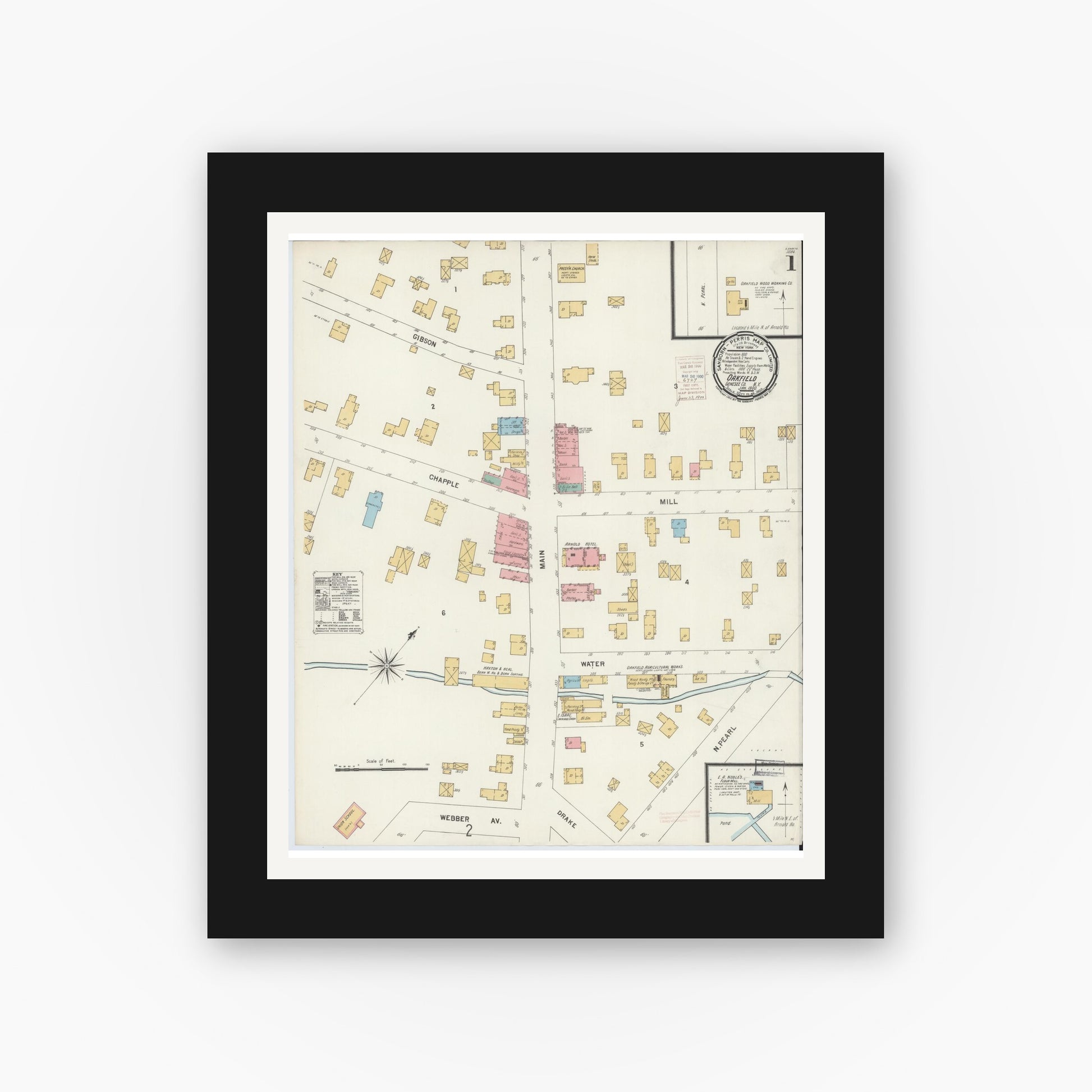 Old map wall art mockup — black gallery frame with white mat — Sanborn Fire Insurance Map from Oakfield, Genesee County, New York (1900), Sheet #0001