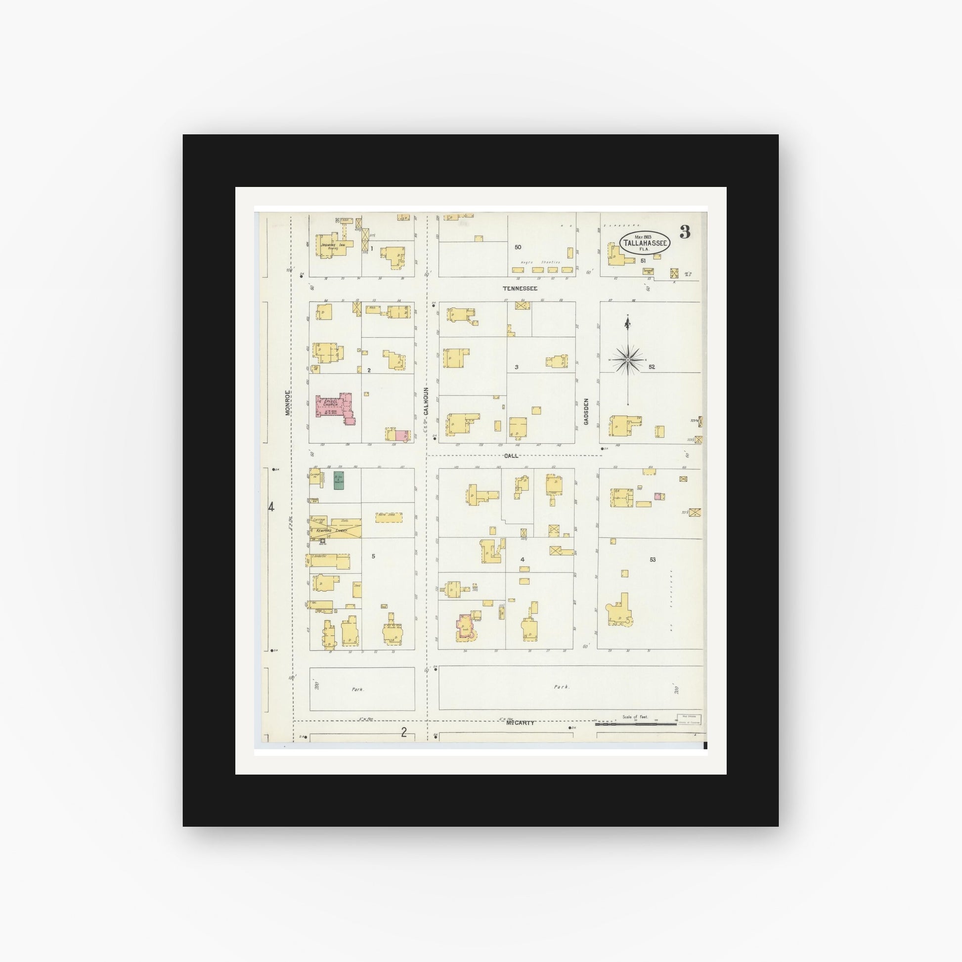 Old map wall art mockup — black gallery frame with white mat — Sanborn Fire Insurance Map from Tallahassee, Leon County, Florida (1903), Sheet #0003