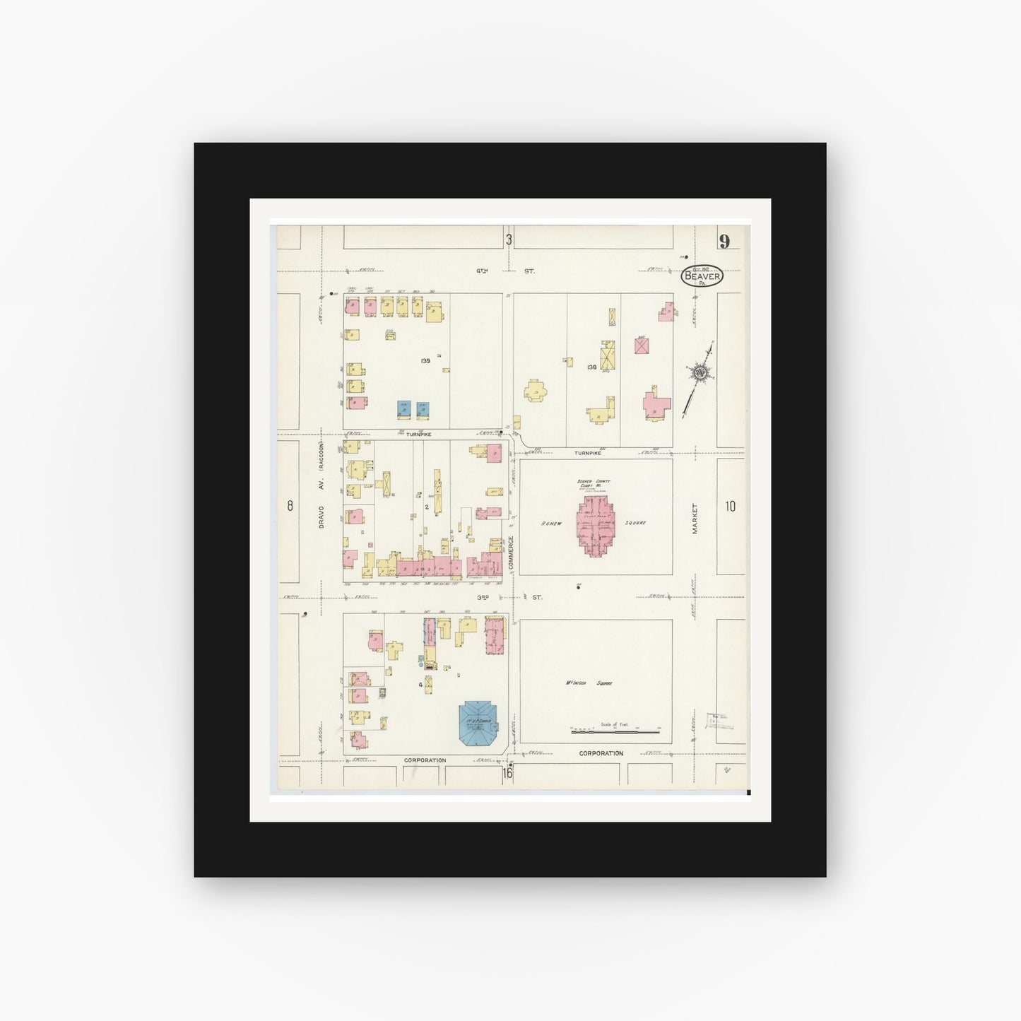 Old map wall art mockup — black gallery frame with white mat — Sanborn Fire Insurance Map from Beaver, Beaver County, Pennsylvania (1912), Sheet #0009