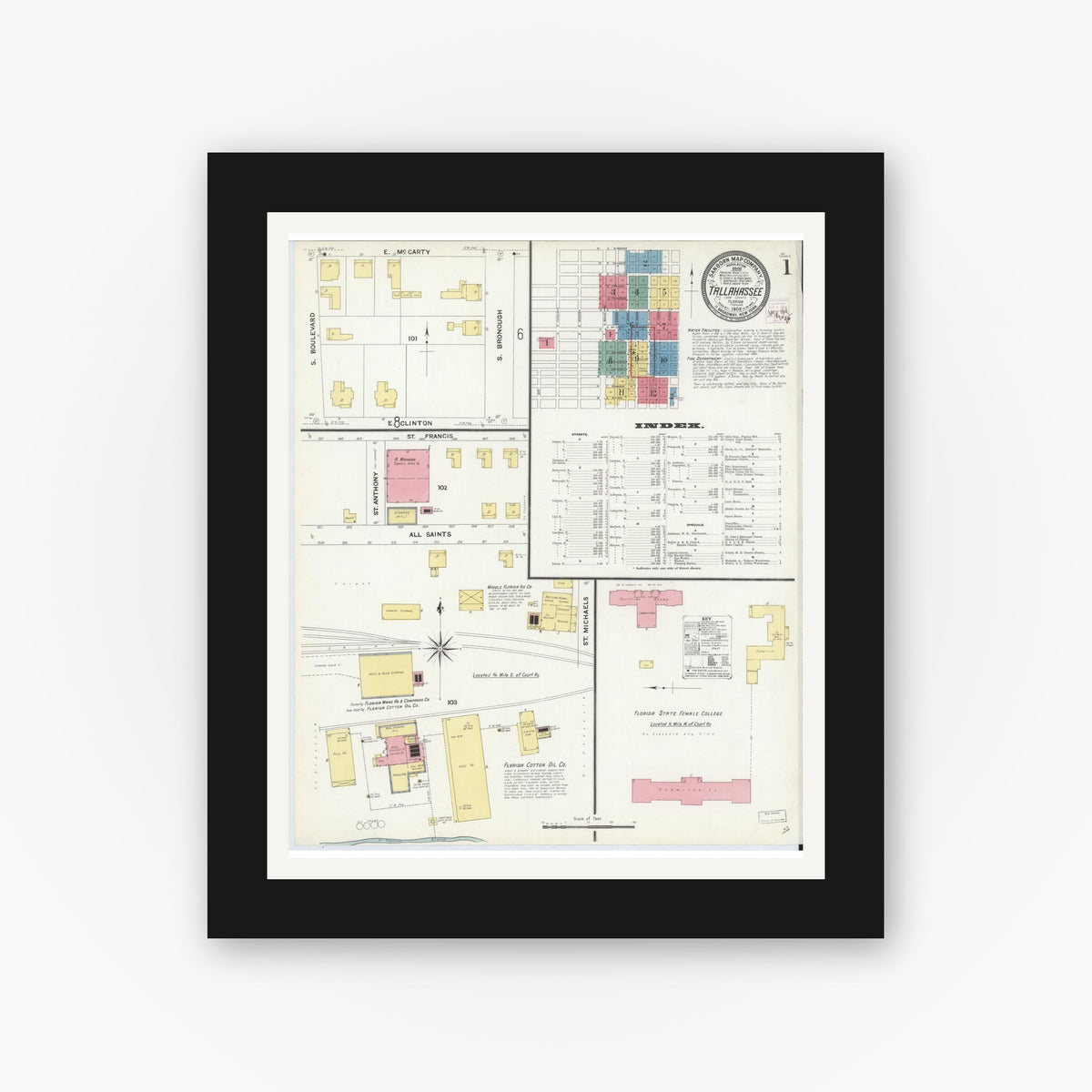 Old map wall art mockup — black gallery frame with white mat — Sanborn Fire Insurance Map from Tallahassee, Leon County, Florida (1909) - Complete Map Set