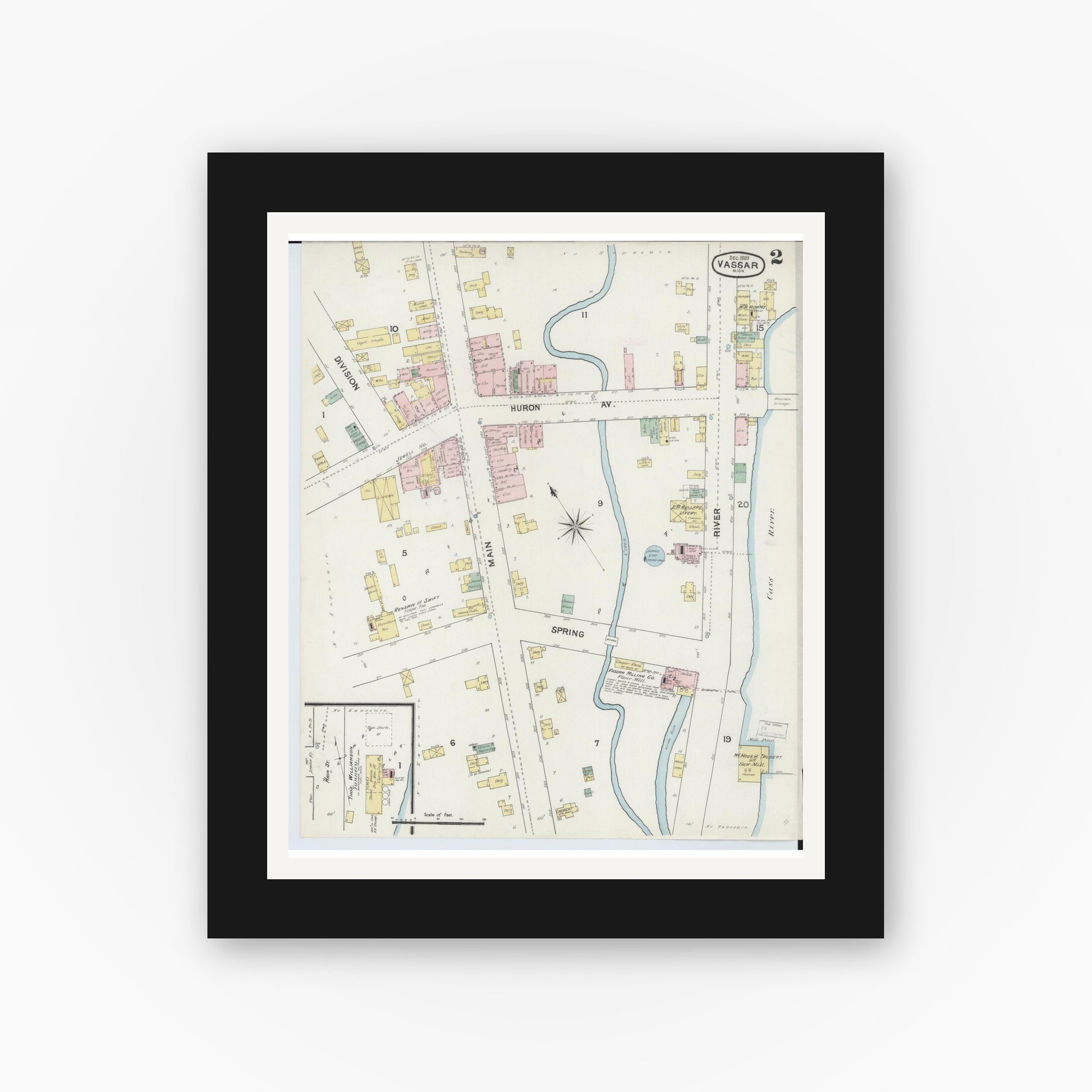 Old map wall art mockup — black gallery frame with white mat — Sanborn Fire Insurance Map from Vassar, Tuscola County, Michigan (1889), Sheet #0002