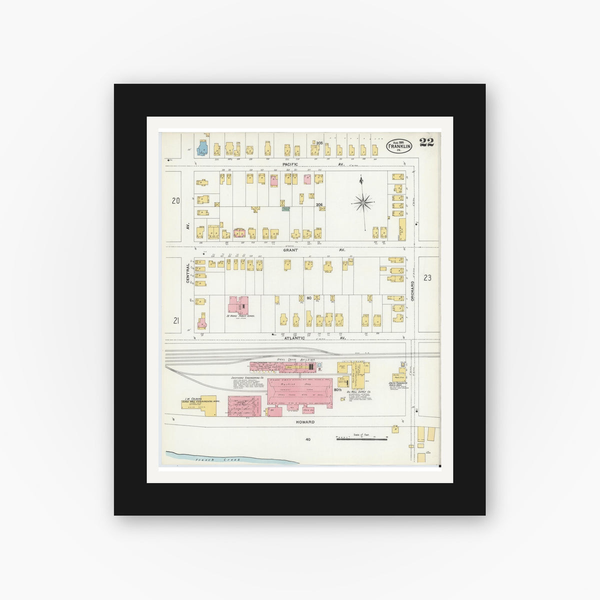 Old map wall art mockup — black gallery frame with white mat — Sanborn Fire Insurance Map from Franklin, Venango County, Pennsylvania (1906), Sheet #0022