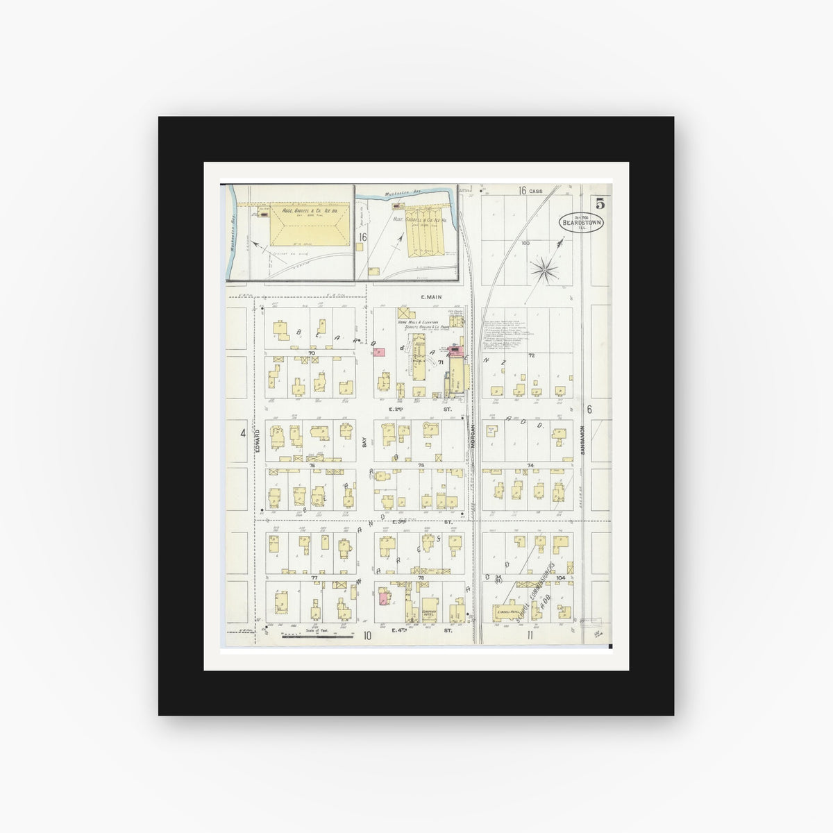 Old map wall art mockup — black gallery frame with white mat — Sanborn Fire Insurance Map from Beardstown, Cass County, Illinois (1906), Sheet #0005