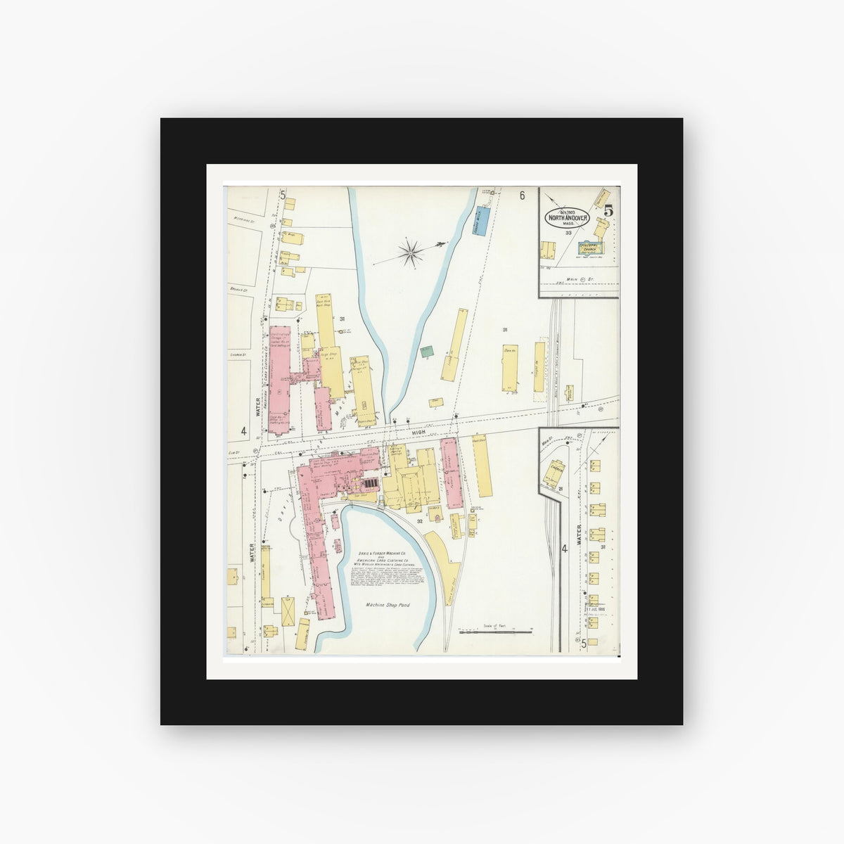 Old map wall art mockup — black gallery frame with white mat — Sanborn Fire Insurance Map from North Andover, Essex County, Massachusetts (1903), Sheet #0005