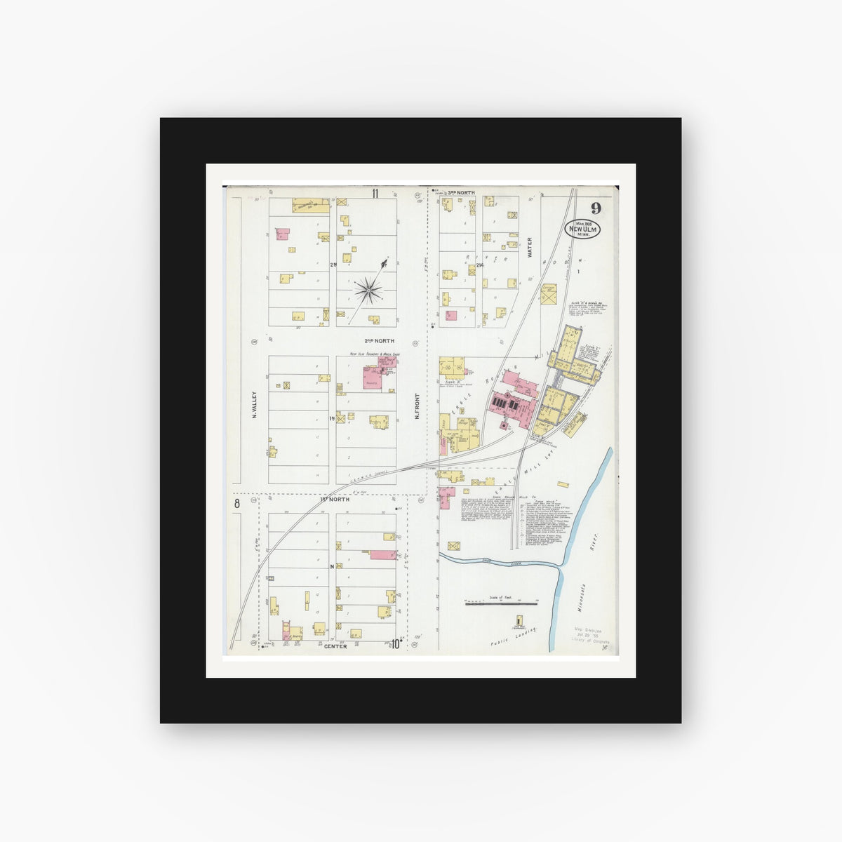 Old map wall art mockup — black gallery frame with white mat — Sanborn Fire Insurance Map from New Ulm, Brown County, Minnesota (1905), Sheet #0009