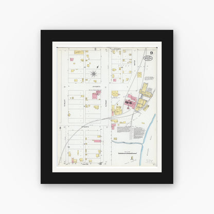 Old map wall art mockup — black gallery frame with white mat — Sanborn Fire Insurance Map from New Ulm, Brown County, Minnesota (1905), Sheet #0009