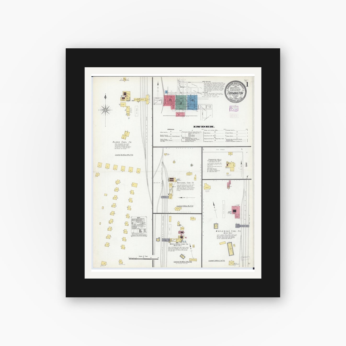 Old map wall art mockup — black gallery frame with white mat — Sanborn Fire Insurance Map from Farmington, Fulton County, Illinois (1909) - Complete Map Set