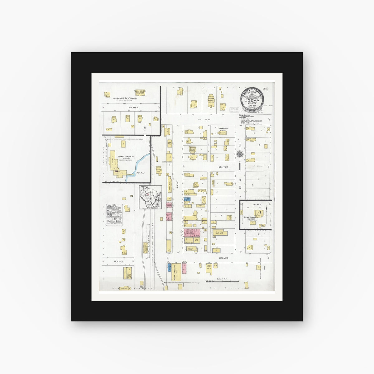 Old map wall art mockup — black gallery frame with white mat — Sanborn Fire Insurance Map from Ogema, Price County, Wisconsin (1929), Sheet #0001