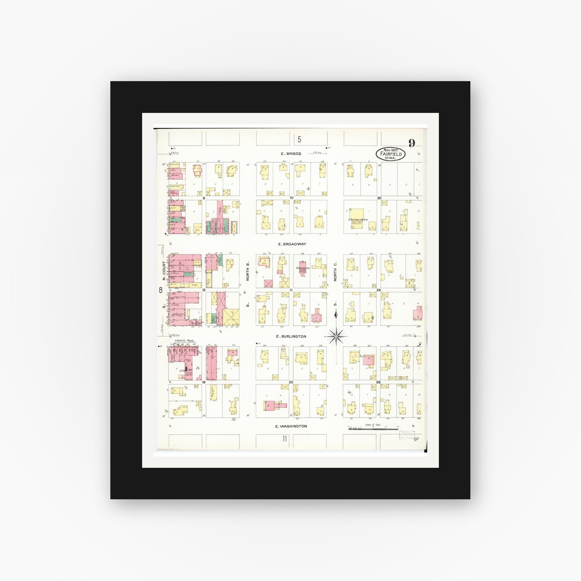 Old map wall art mockup — black gallery frame with white mat — Sanborn Fire Insurance Map from Fairfield, Jefferson County, Iowa (1907), Sheet #0009